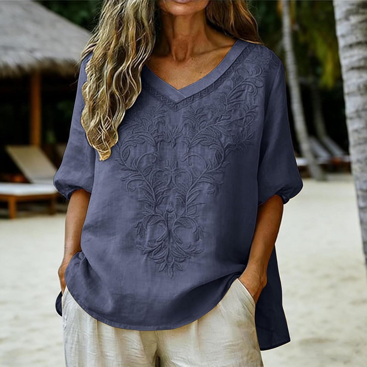 Womens 3/4 Sleeve Cotton Linen Tops V Neck Embroidered Loose Fit Blouses Summer Boho Trendy High Low Hem Shirts