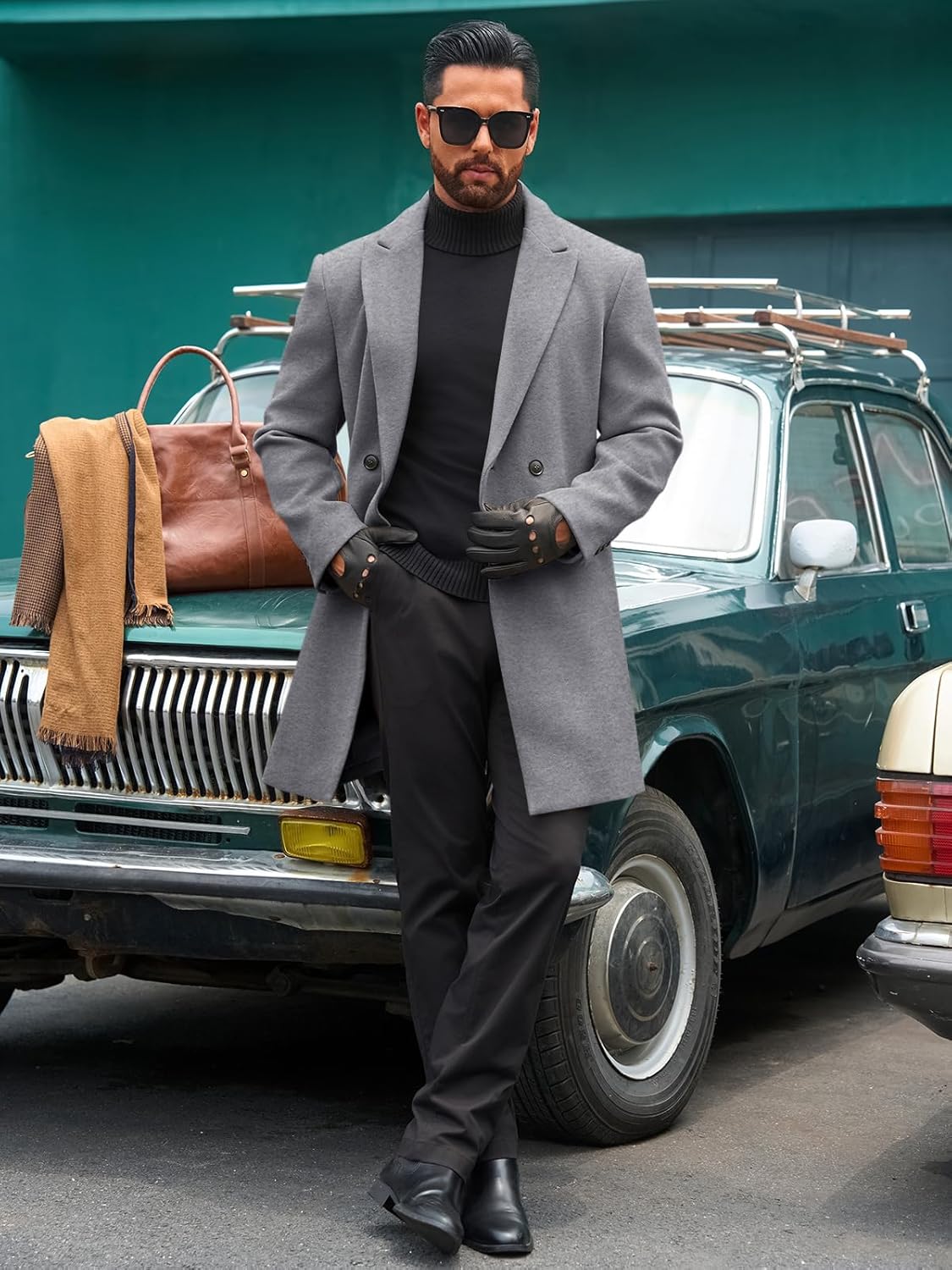 Runcati Mens Trench Coat Notched Lapel Double Breasted Mid Long Pea Coat Casual Fall Winter Classic Overcoat - Image 4