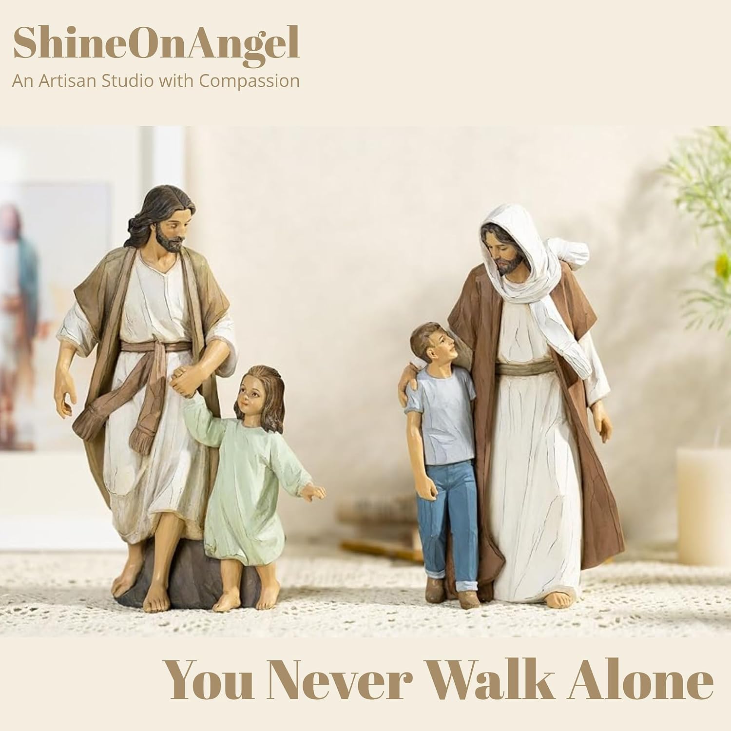 Jesus Christ with Child, First Communion boy Gift He Walks with me Sculpture, Hand Painted, Religious Modern Home Decor, Christian Figurines, 9.5 Inch