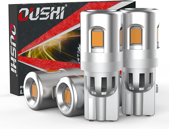 T10 LED Bulb, OUSHI Canbus 2835 Chipset 12V Super Bright 3000K Amber Yellow W5W 194 168 158 2825 Replacement For Car Interior Light Dome Light Turn Signal Light Indicator Light (Pack of 4)