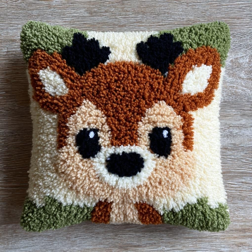 WallustrioaW DIY Latch Hook Kits,Cartoon Deer,Pattern Printed Throw Pillow Case Cushion Cover Crochet Needlework Crafts for Kids and Adults,17x17in