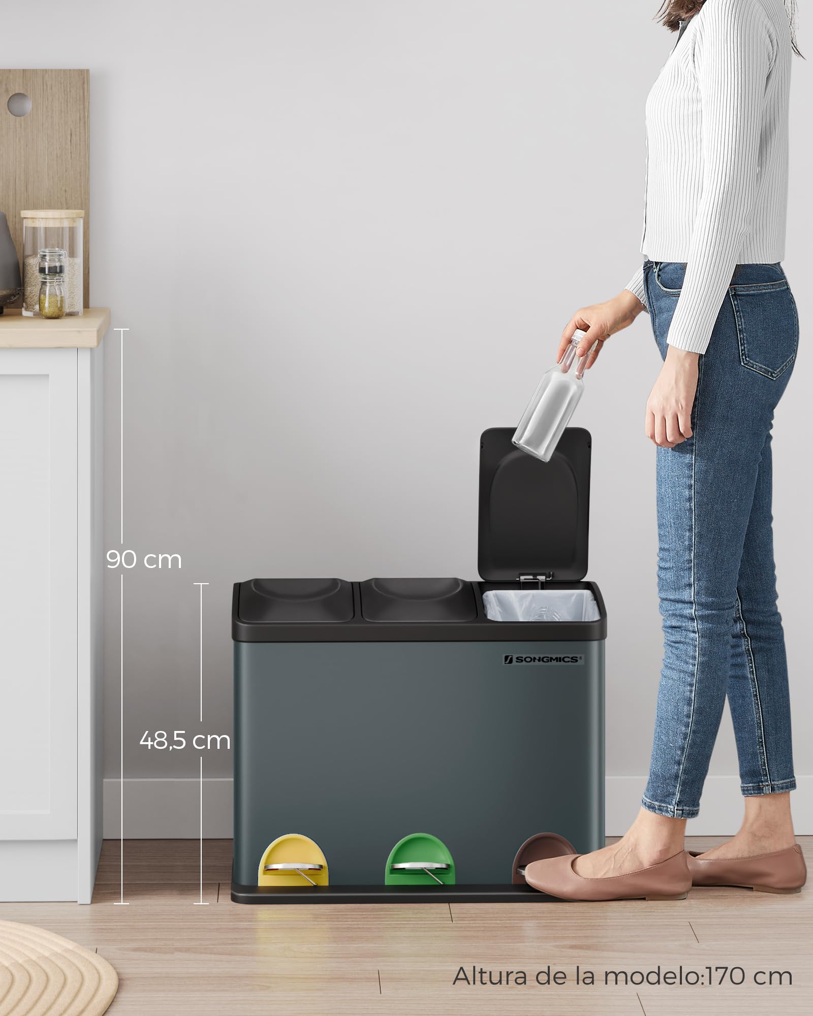SONGMICS Cubo Triple para Cocina, Basurero de Reciclaje, Pedal, de Metal 45 L, Sistema de Separación de Residuos, 3 x 15 L, con Tapa, Acero, Gris LTB45G