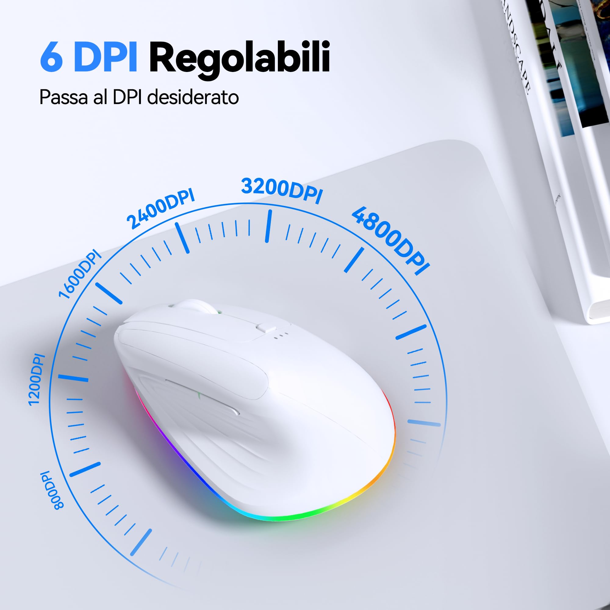 TECKNET Mouse Ergonomico Wireless, Mouse Verticale Ricaricabile, Mouse Bluetooth+ 2,4 GHz, Mouse Wireless Silenzioso, 4800 DPI Regolabili, 6 Pulsanti, RGB Chroma, Compatibile con PC/Windows/Mac