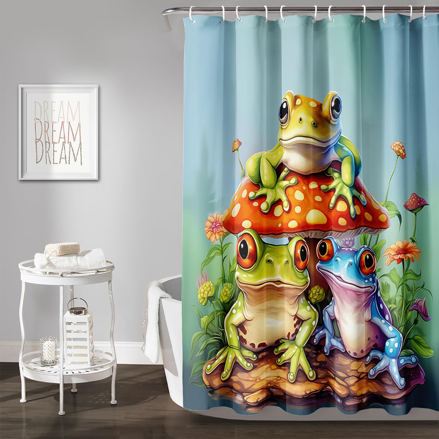 AILONEN Frog Shower Curtain,Floral Poisonous Mushroom Frog Bath Curtain for Kids Bathroom Decor,Polyester Waterproof with 12 Plastic Hooks 72