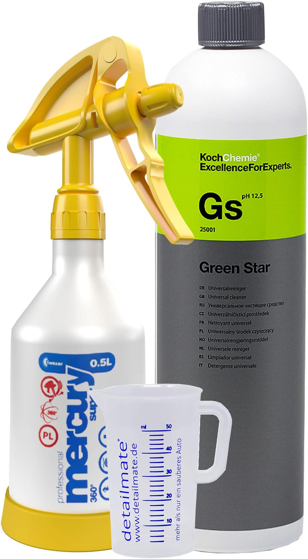detailmate Set Koch Chemie Green Star Universal Cleaner 1 L, Made by Kwazar Mercury Super PRO 360° Spray Bottle Double Action Trigger 1 L, Including Measuring Cup 50 ml