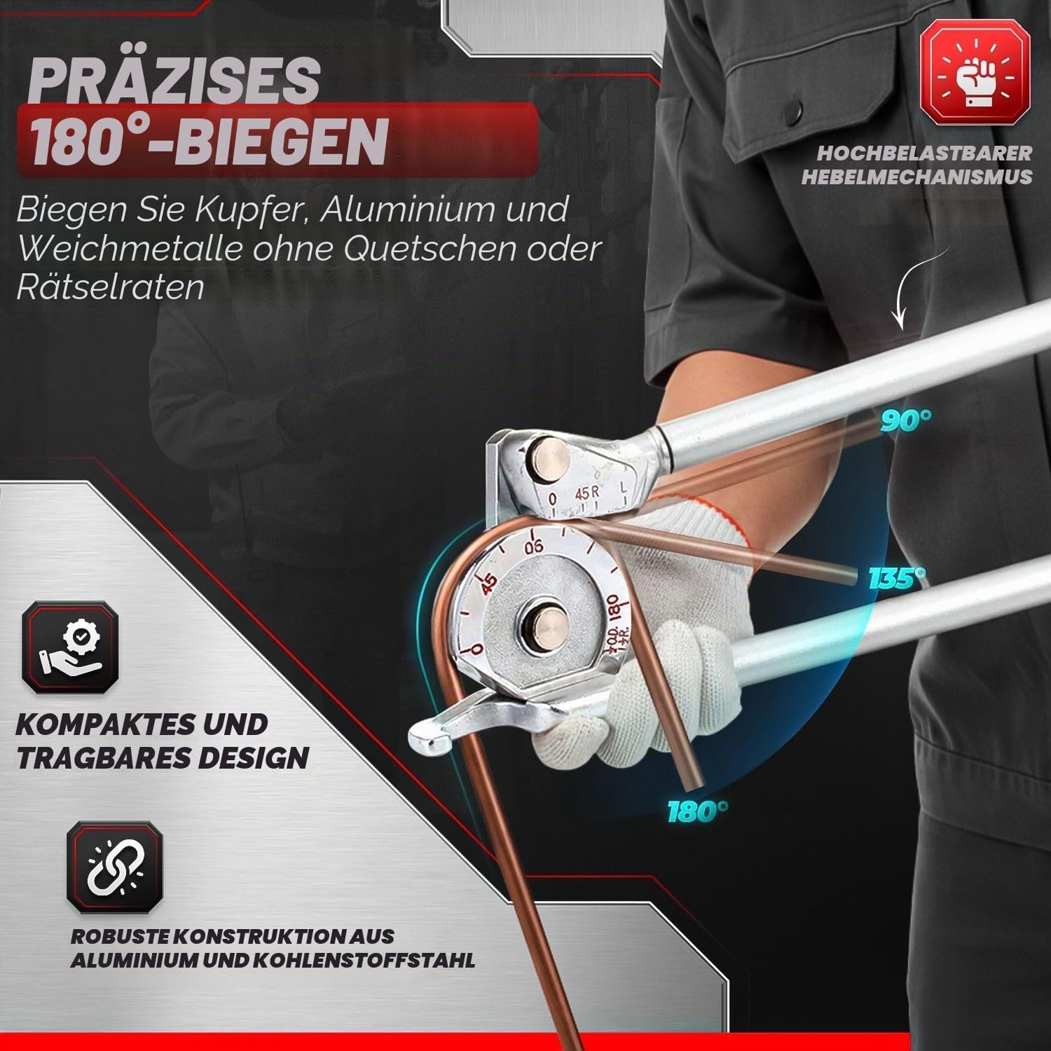 Flexzion Rohrbieger Ø 12mm Handrohrbieger 0-180 Grad Rohrbiegerzange Handbiegemaschine Rohrbiegegerät Rohrbiegewerkzeug mit Rutschfester Griff für 1/2 Zoll Dicke Rohr für Kupfer Messing Aluminium