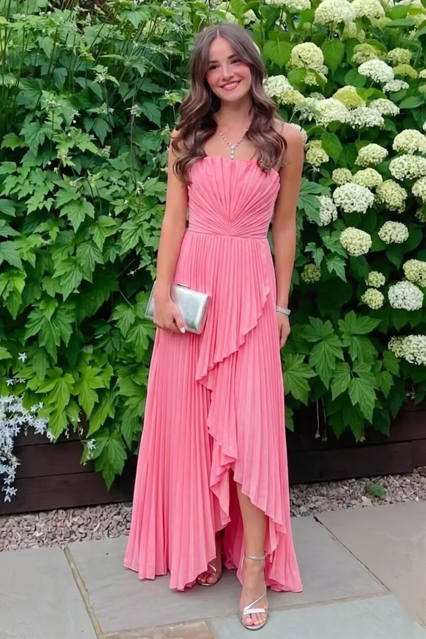 Strapless Bridesmaid Dresses for Women 2026 Hi-Lo Pleated Satin Formal Wedding Guest Dress Sage Green for Evening Party US8