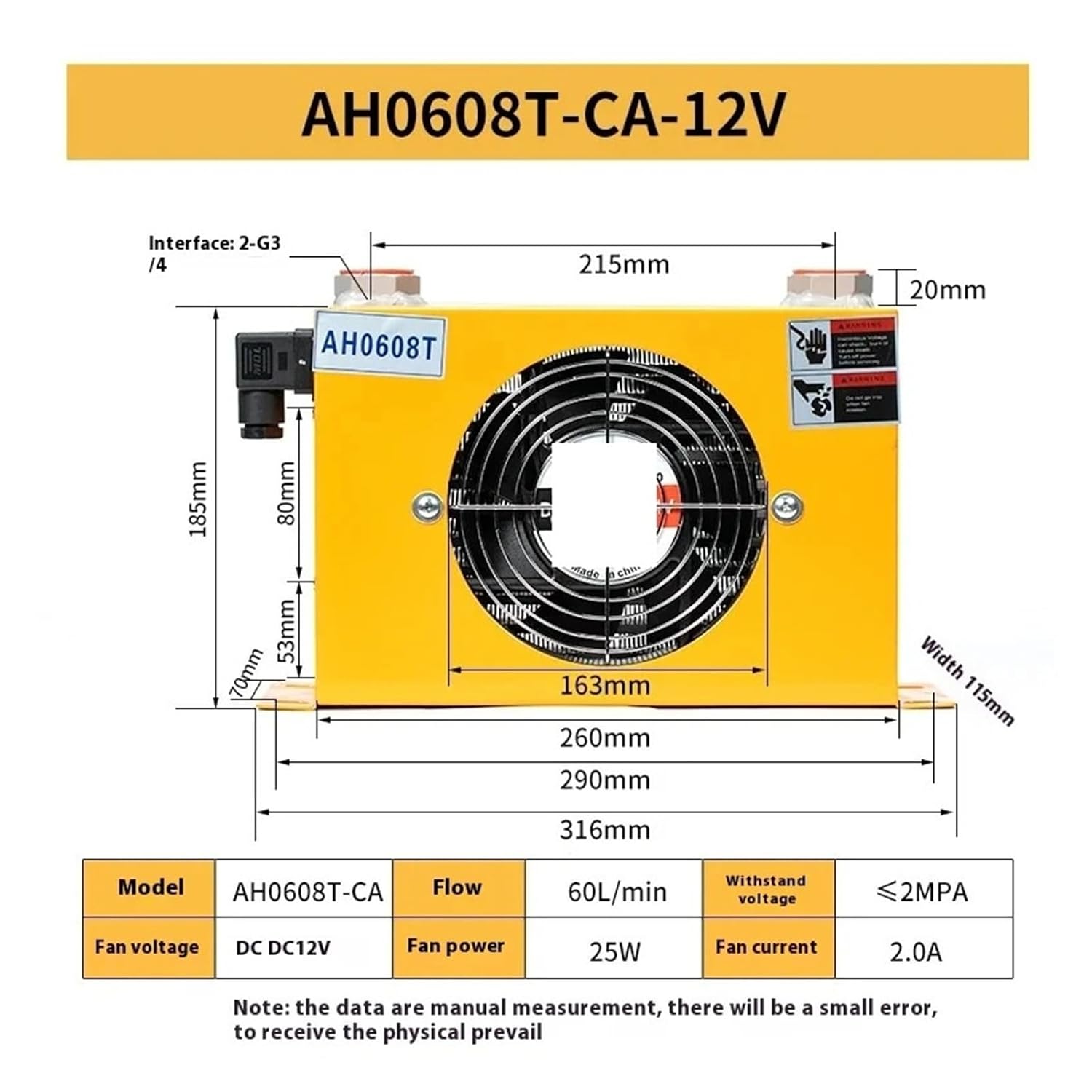 AH0608T-CA Hydraulic Air-Cooled Air Cooling Oil Cooler AC 380V/220V DC12V/24V Oil Radiator 60L/min Efficient Shock Absorption(12V)
