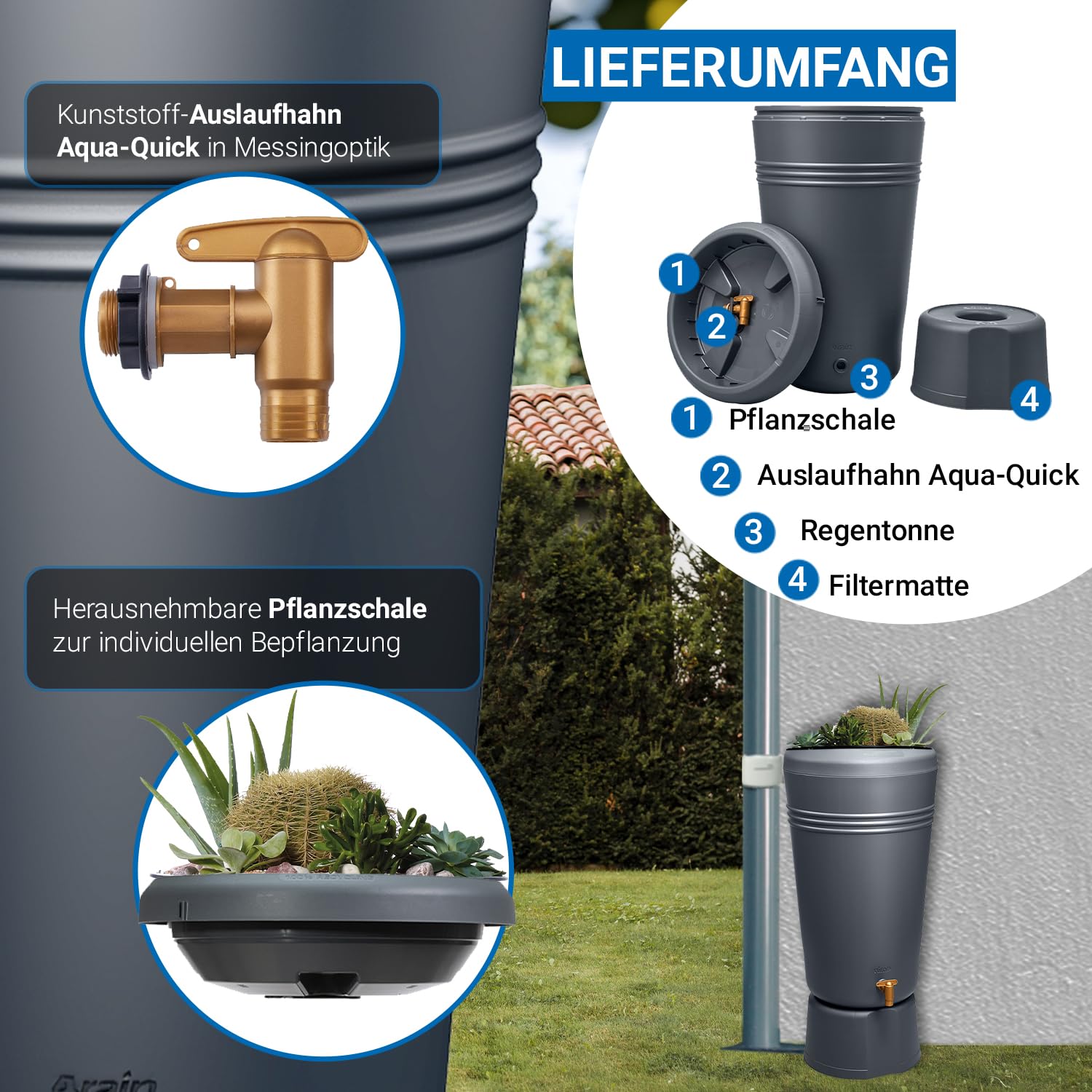4rain Azura 2in1 Regentonne 120 Liter Graphite Grey inkl. Pflanzschale | und Unterstand, Regenfass mit Hahn, schmale Regenwassertonne in anthrazit, moderner Wassertank für den Garten als Wasserfass