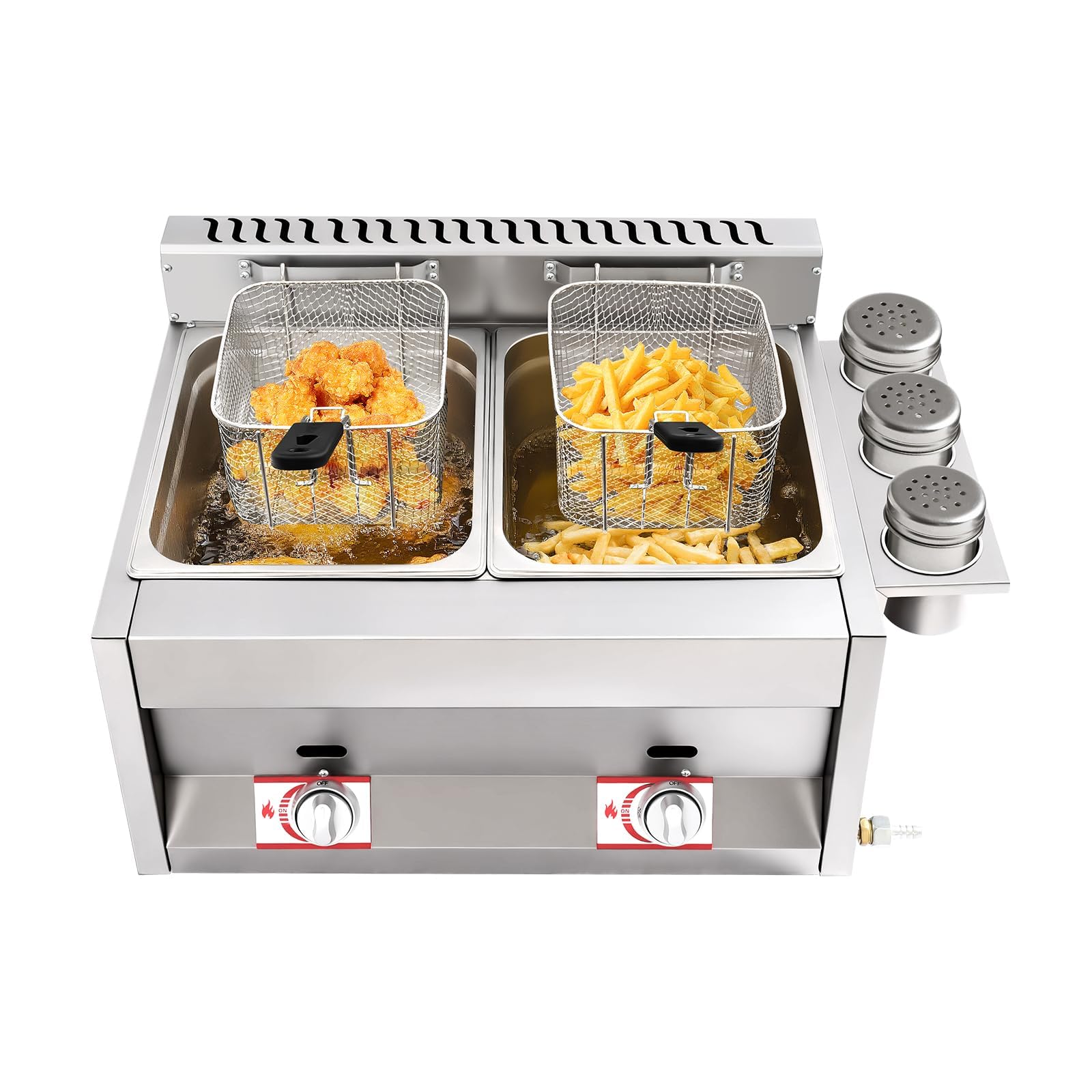 Friteuse à gaz commerciale 6 l + 6 l, double récipient, avec contrôle de la température indépendant, 2 brûleurs économiques, chauffage rapide, en acier inoxydable pour restaurant, collations