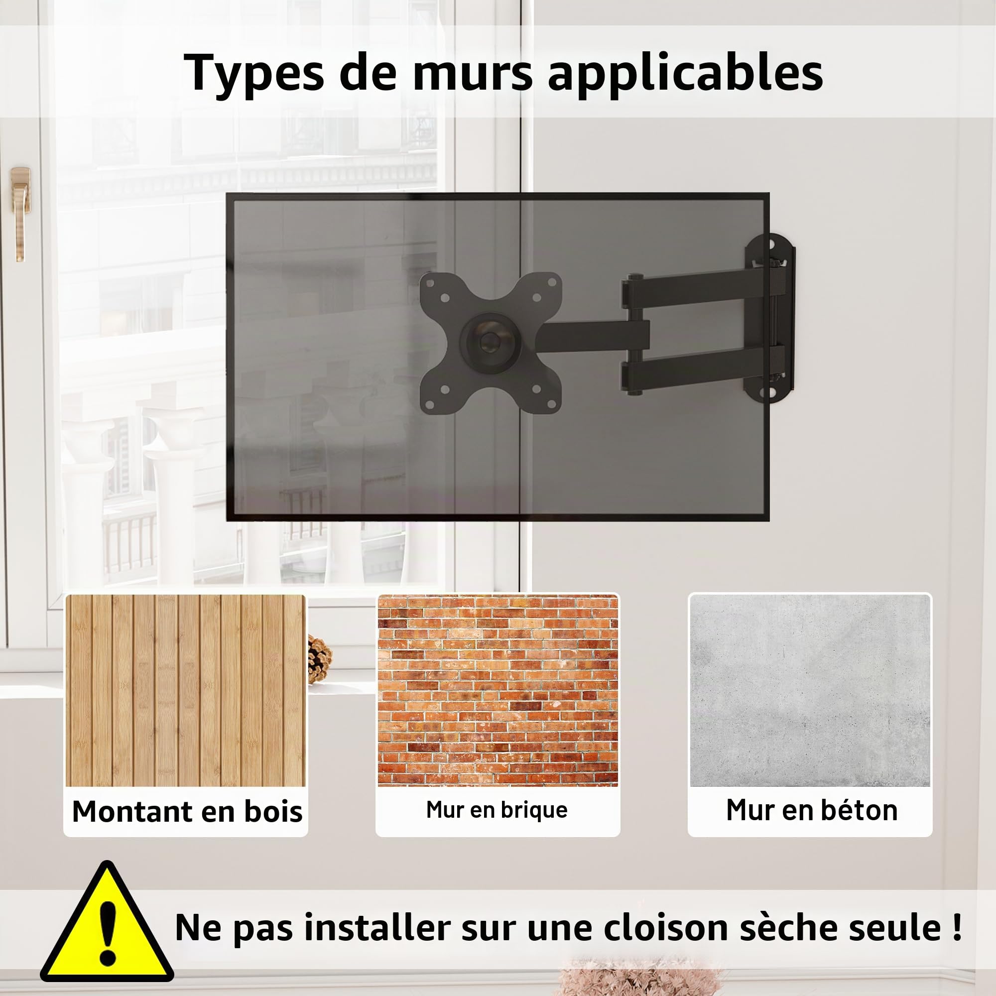 BONTEC Support TV Mural Orientable et Inclinable Universel pour Télévision et Moniteur 13-30 Pouces, Fixation Murale VESA 75x75/100x100mm, Charge Max 15kg, Extension 38.2cm, Facile à Installer