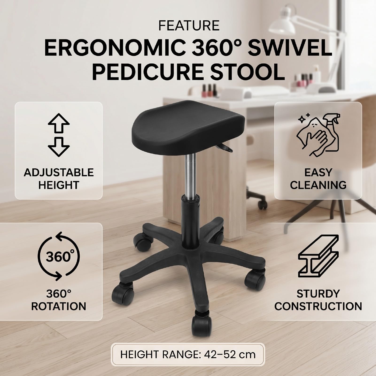 Brrnoo Sgabello per Pedicure con Rotelle Regolabile Sedia Girevole per Unghie a 360 Gradi Altezza 16,54-20,47 Pollici ABS in Acciaio Inossidabile per Uso Domestico in Salone