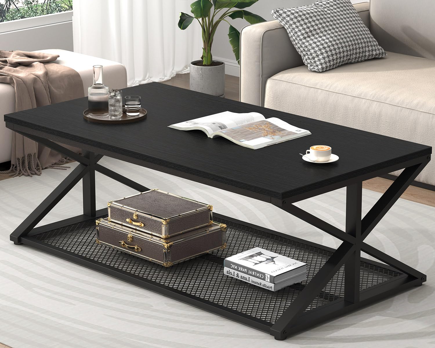 IBF Couchtisch mit Stauraum Wohnzimmertisch aus Holz Metall Industrieller Moderner Couch Wohnzimmer Tisch Mitteltisch mit Netzablage für Wohnzimmer Küche Schlafzimmer, Schwarze 120B cm