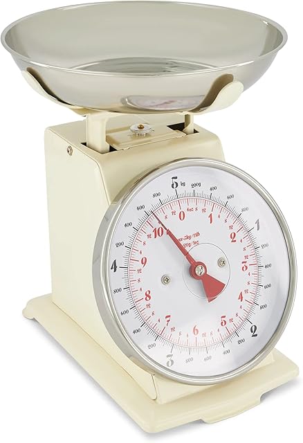 Bravich Mechanical Kitchen Scales -Food Weighing Scale, Retro Cream Design. Large Dial, Detachable Metal Bowl, Perfect For Baking, Cooking, Meal Prep. No Batteries Required- Home Essentials.