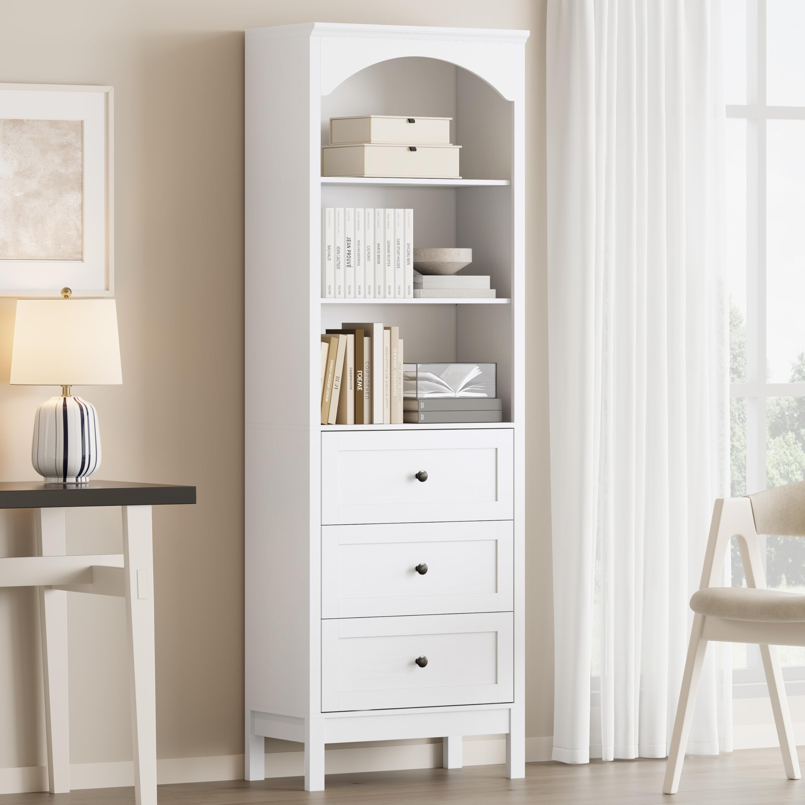 Arched Bookshelf,3 Tier Tall Bookcase with Adjustable Shelves and Drawers