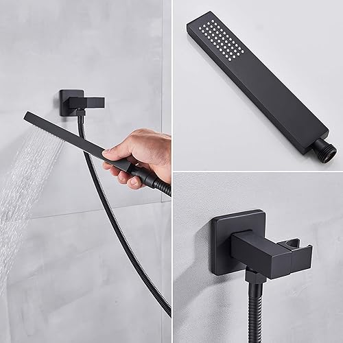Miniatura 3 de Matte Black Thermostatic Rain Mixer Shower Combo Set Ceiling Mounted Bathroom Shower Faucet Set with Shower Head, Handheld Shower, Body Jets,8 Inches