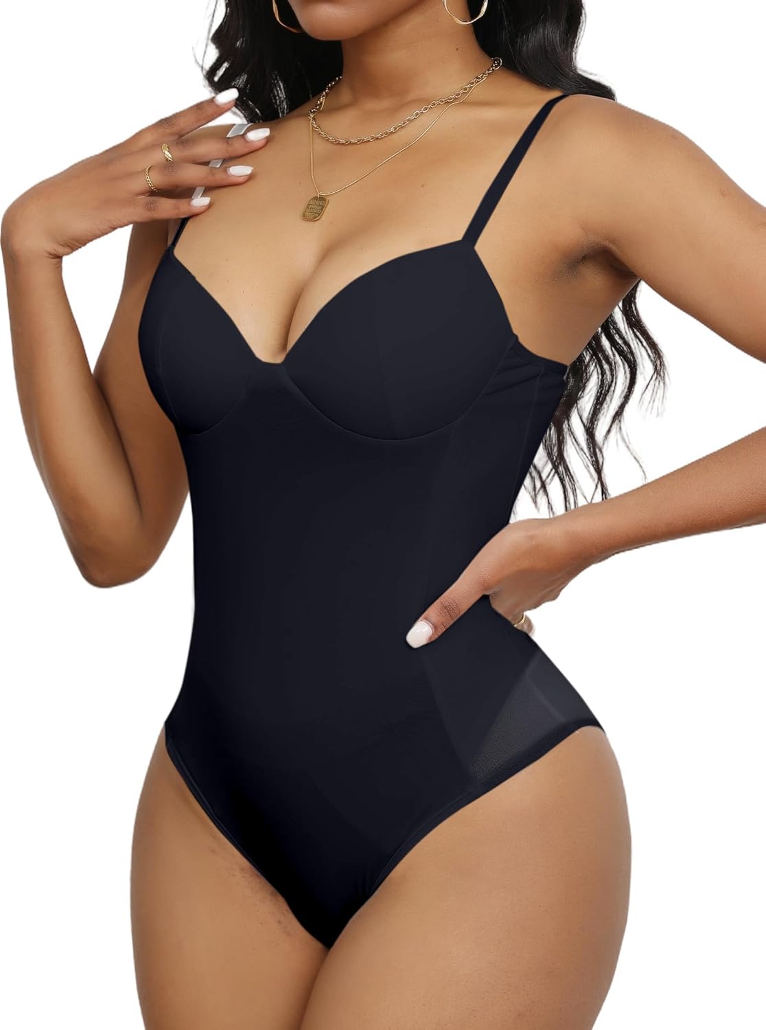 Hilinker Women's V Neck Spaghetti Strap Bodysuit Sexy Sleeveless Camisole Bustier Top - Image 3