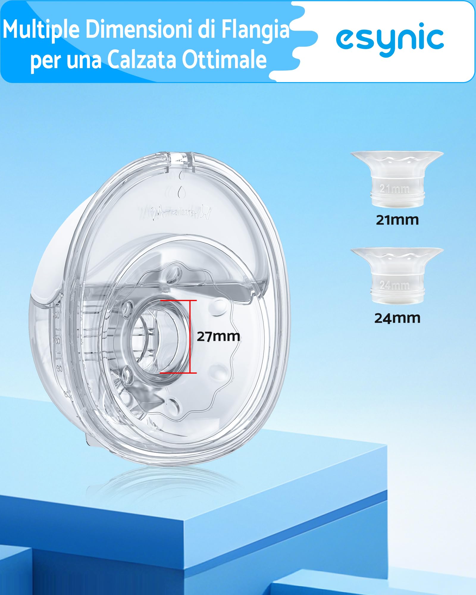 eSynic 1PZ Tiralatte Elettrico Senza Mani con Flangia 27/24/21mm, 4 Modalità & 12 Livelli di Intensità, 150ML Tiralatte Indossabile con Batteria Ricaricabile e Display LED, Auto Spento Dopo 20 Minuti