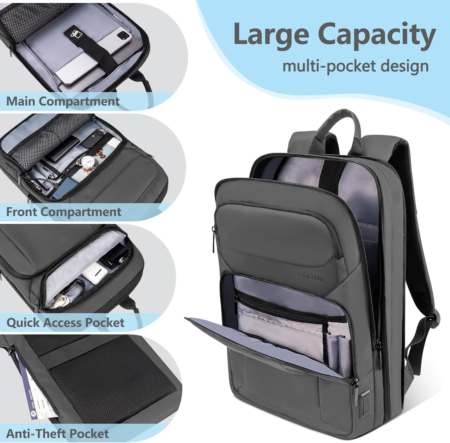 Backpack for Men Slim & Expandable Travel Laptop Backpack with USB Charging Port Water Resistant Anti-Theft Business Backpack Fits 17.3In Laptop for Commute Work College with Small Bag (Simple Gray)