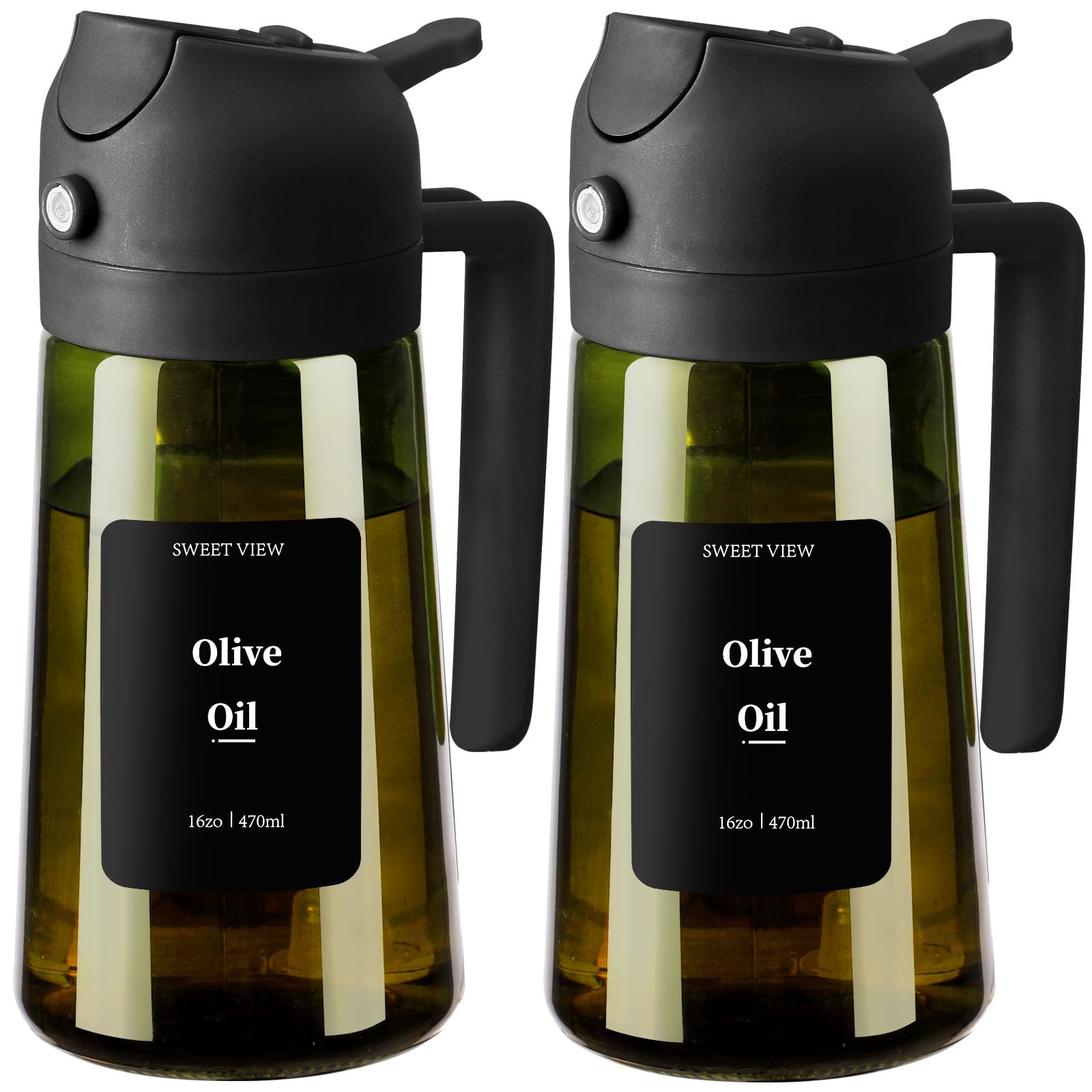 SWEET VIEW Olivenölspender und Ölsprüher – 470 ml Glas, lichtdichter Ölausgießer für Küche, Luftfritteuse, Kochen, Salat und Grillen