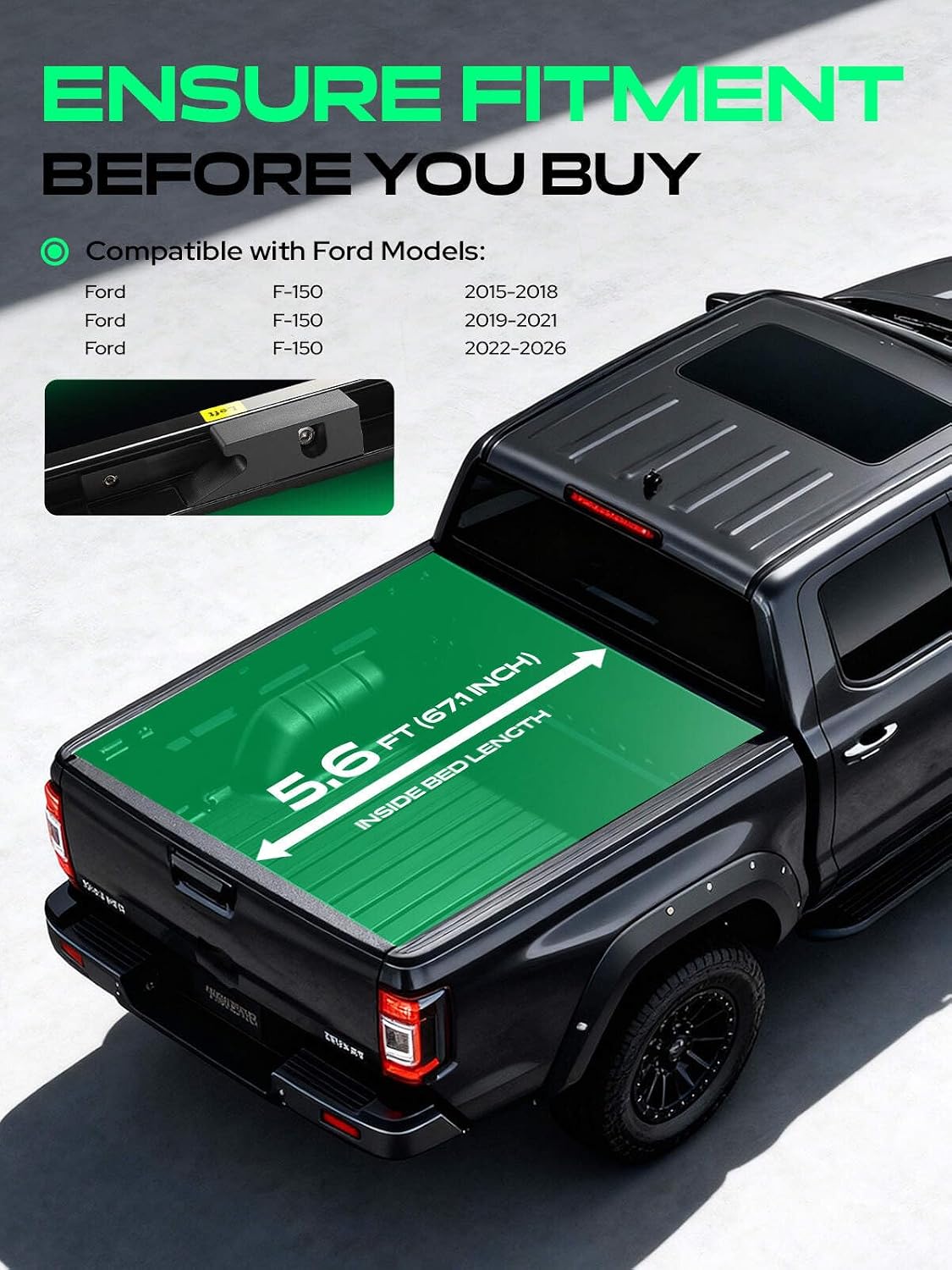 YHTAUTO Soft Roll-up Truck Bed Tonneau Cover w/Auto Locking Function Compatible with 2015-2026 Ford F-150 Crew Cab Pickup, All Weather Protection Truck Bed Cover, 5.6 Ft (67.1") Bed