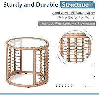 Vista 3 de JOIVI Mesa auxiliar de mimbre para exteriores, mesa auxiliar de ratán para todo tipo de clima con parte superior de cristal, mesa de centro redonda