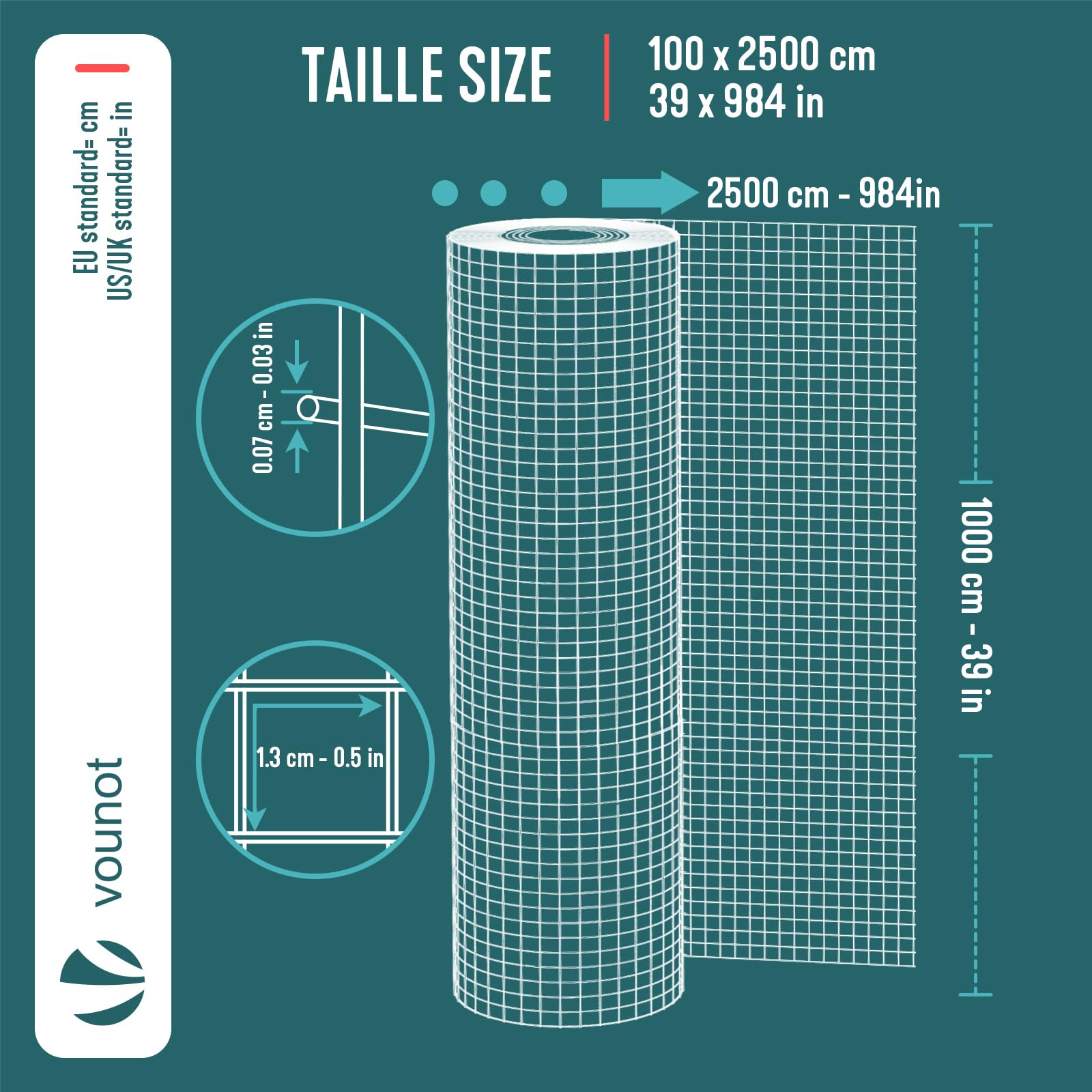 VOUNOT® Malla de Alambre Soldada Rollo de Malla Metálica Electrosoldada Galvanizado 100cm(H) x 25m(L) Agujero 13x13mm Ø Alambre 0,7mm Valla Gallineros para Jaulas de Conejos Jardín Roedores Pequeños