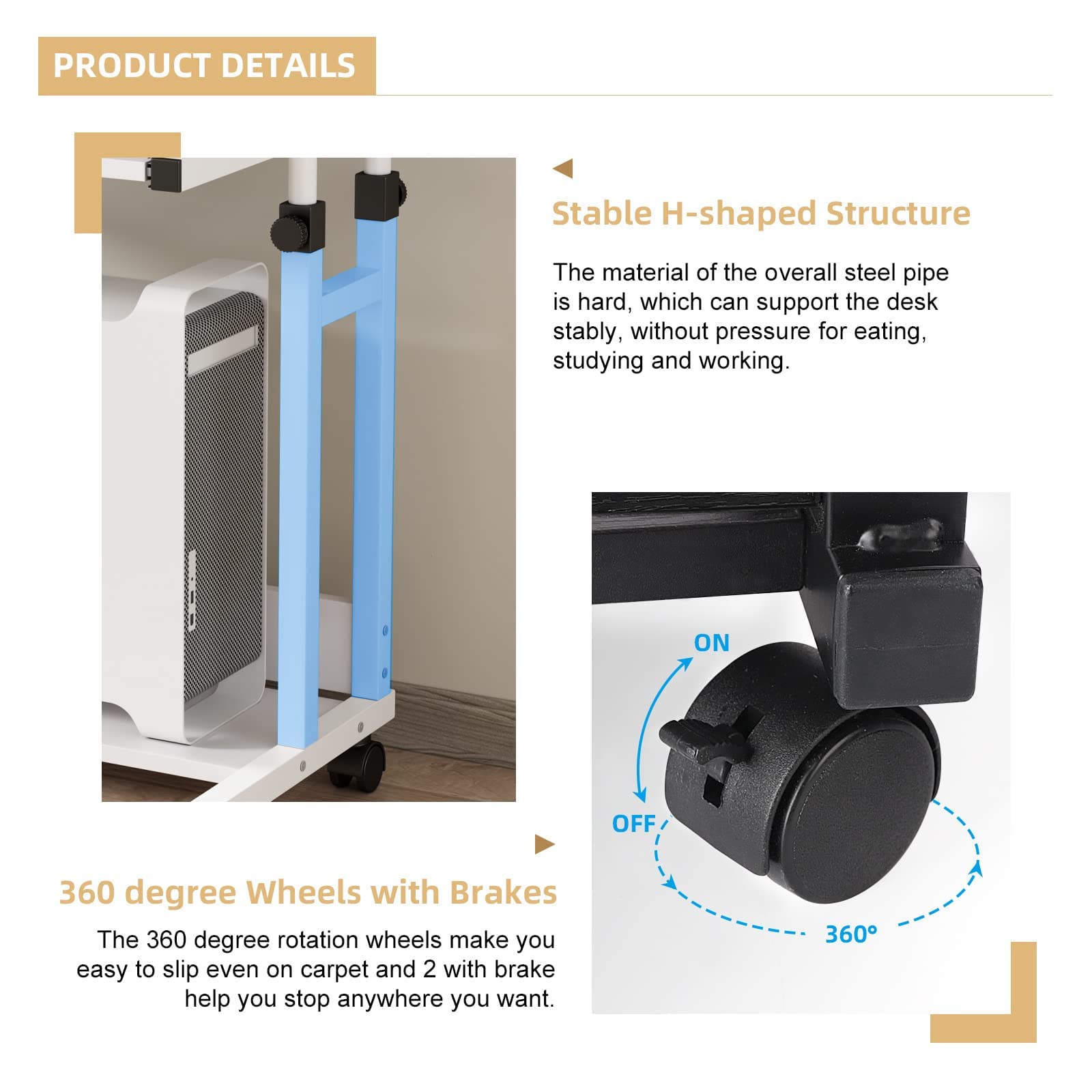 Dripex Schreibtisch höhenverstellbar, Computertisch mit Rollen, Schreibtisch klein auf Rollen, platzsparender Laptoptisch mit Tastaturauszug und Regal, PC Tisch klein für Home Office, Weiß