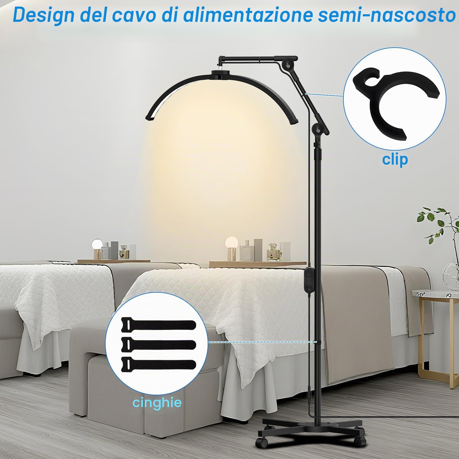 CGBE Lampada Extension Ciglia da Terra: LED Lampada Mezza Luna Ciglia con Porta Cellulare - Base Mobile - Testa Rotabile a 360° - Luminosità e Altezza Regolabili - per Ciglia/Cura della Pelle/Tatuaggi