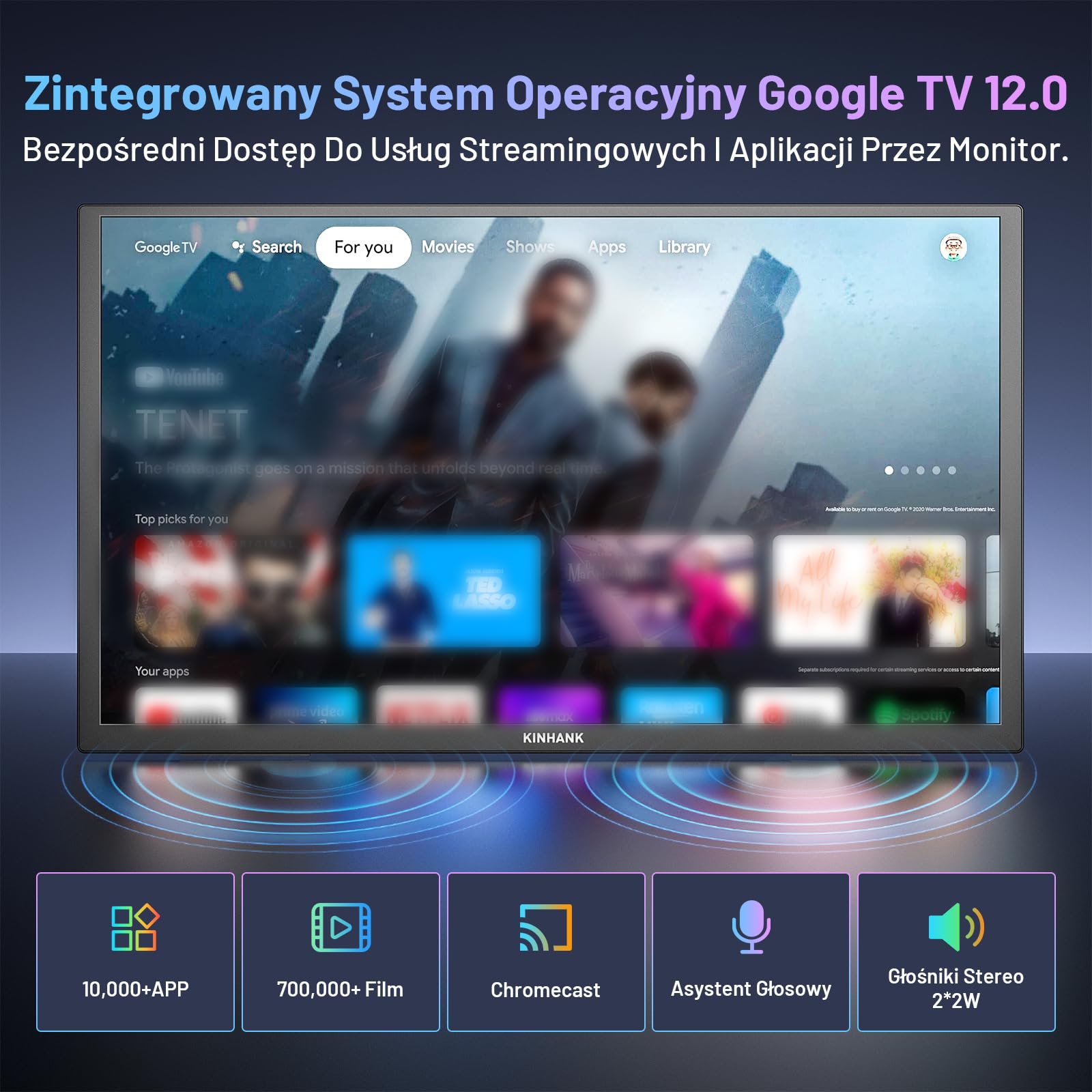 Przenośny monitor 4K 18", 3840 × 2160 UHD, przenośny monitor z systemem GTV OS, HDR, 85% NTSC, USB-C i HDMI, zewnętrzny ekran do komputera, komputera, PS5, PS4, Xbo/telefonu/konsoli do gier