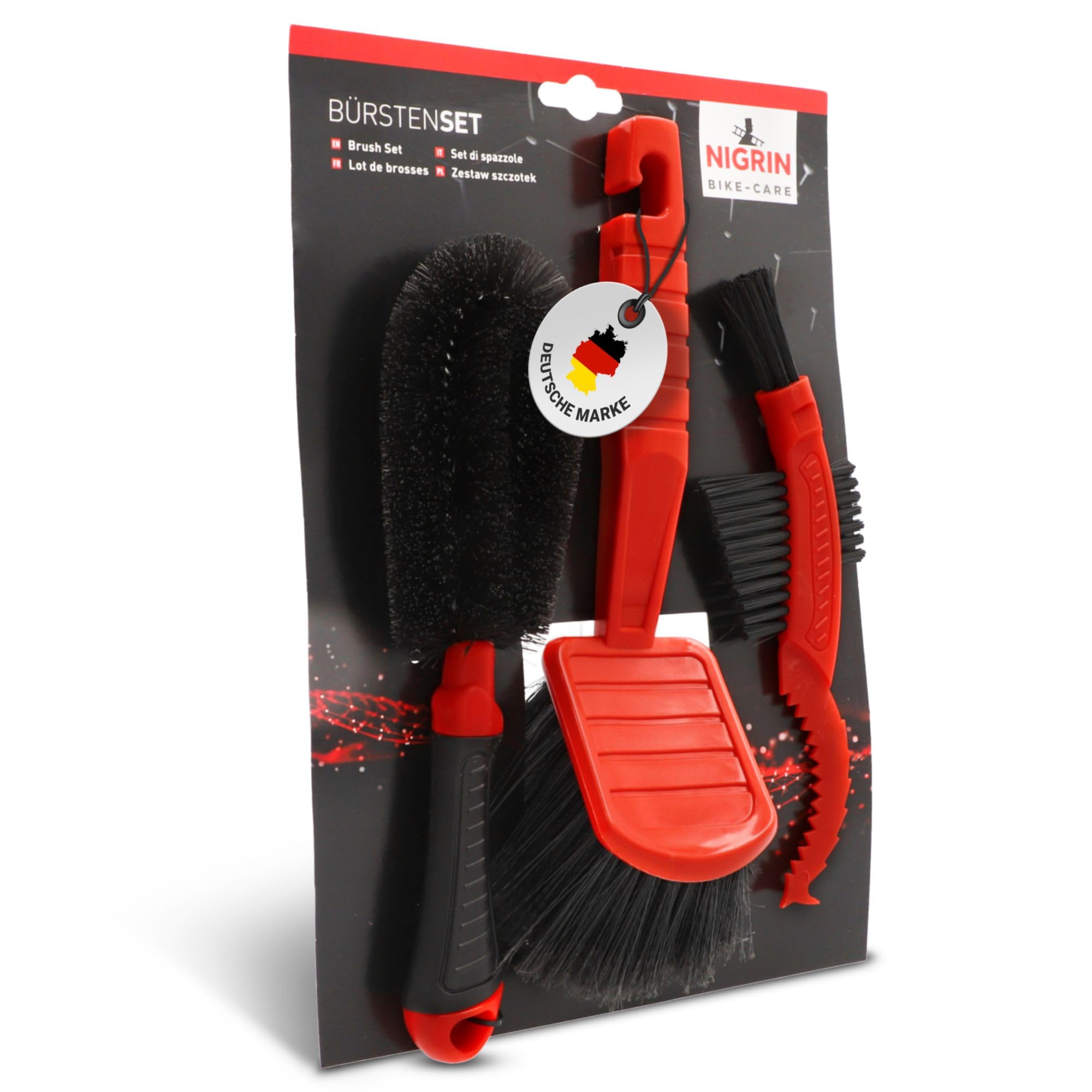 NIGRIN Bike Care zestaw szczotek do czyszczenia rowerów, duża szczotka do czyszczenia powierzchni, szczotka do felg, szprych, kół jezdnych i piast, szczotka do wieńców zębatych do zębatek