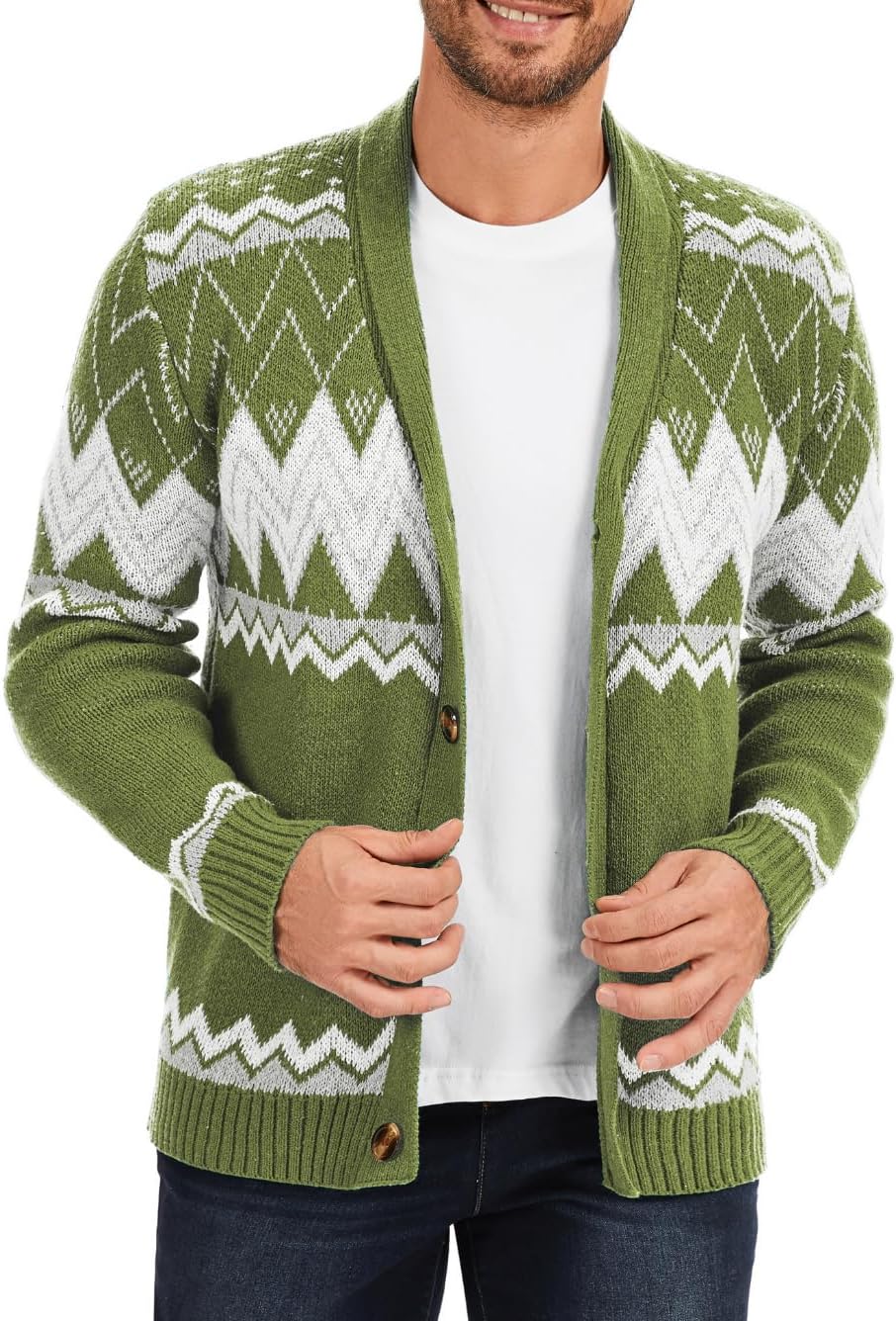 Men's Shawl Collar Cardigan Vintage Geometric Button Down Sweater