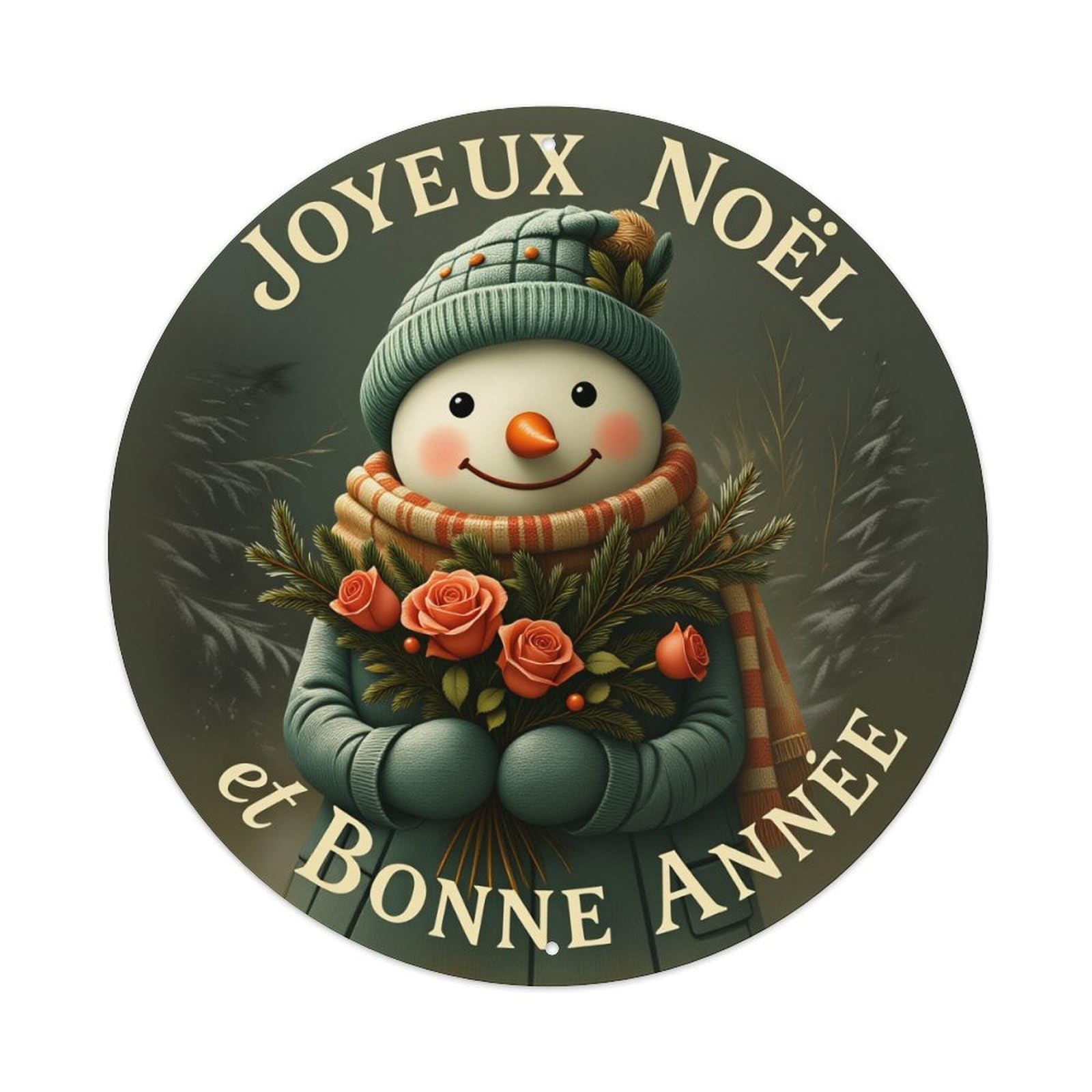 Snowman Holding Roses And Pine Round Tin Sign Vintage Metal Poster Retro Bar, Home, Man Cave, Kitchen, Laundry Room Wall Art Decor Gift 8x8Inch