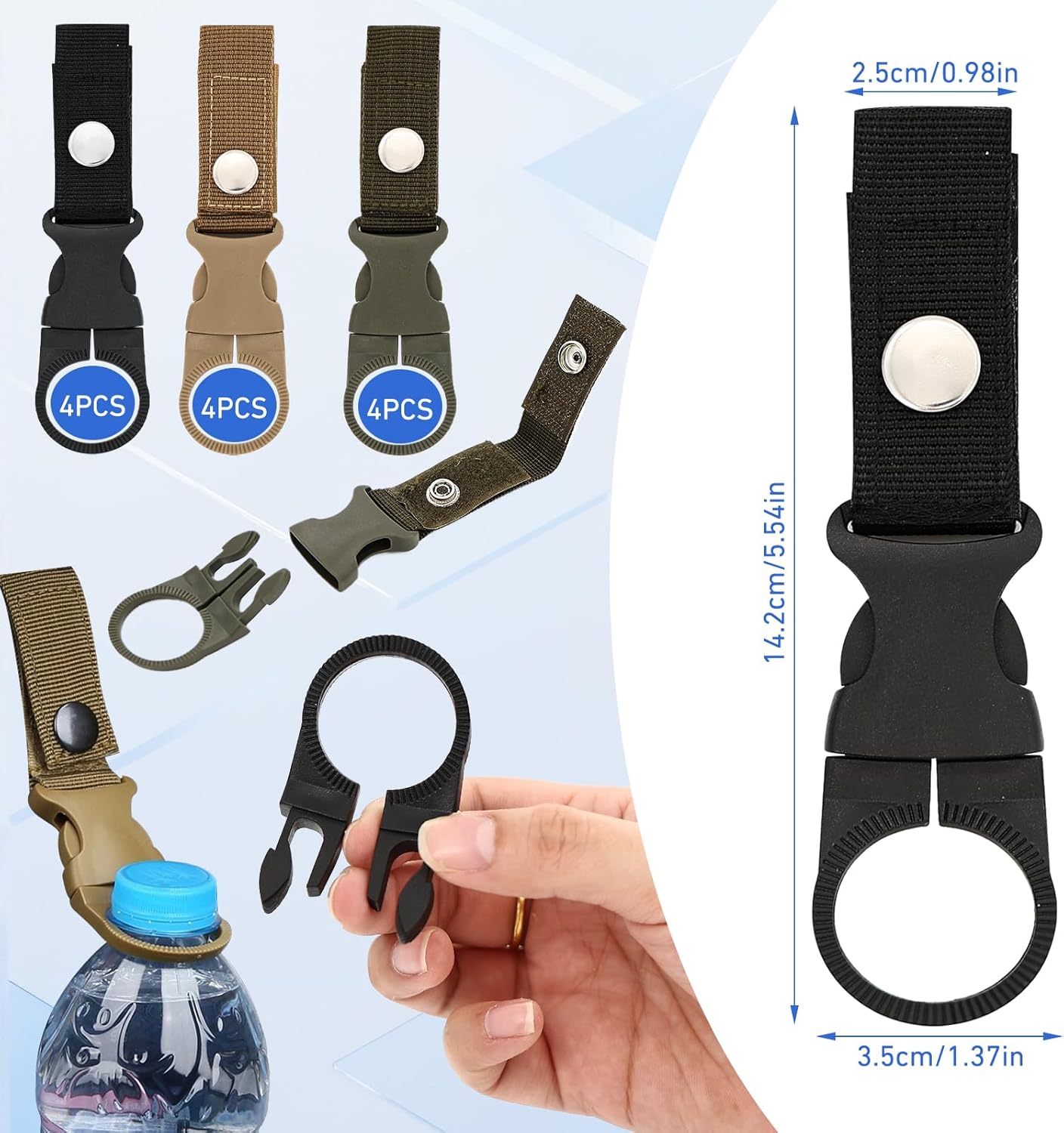 braxan 12 Pcs Water Bottle Belt Holder, Portable Mineral Water Bottle Clip Ring Backpack Clip Strap Buckle For Outdoor Camping/Hiking/Traveling(Black + Khaki + Army Green) - Image 2