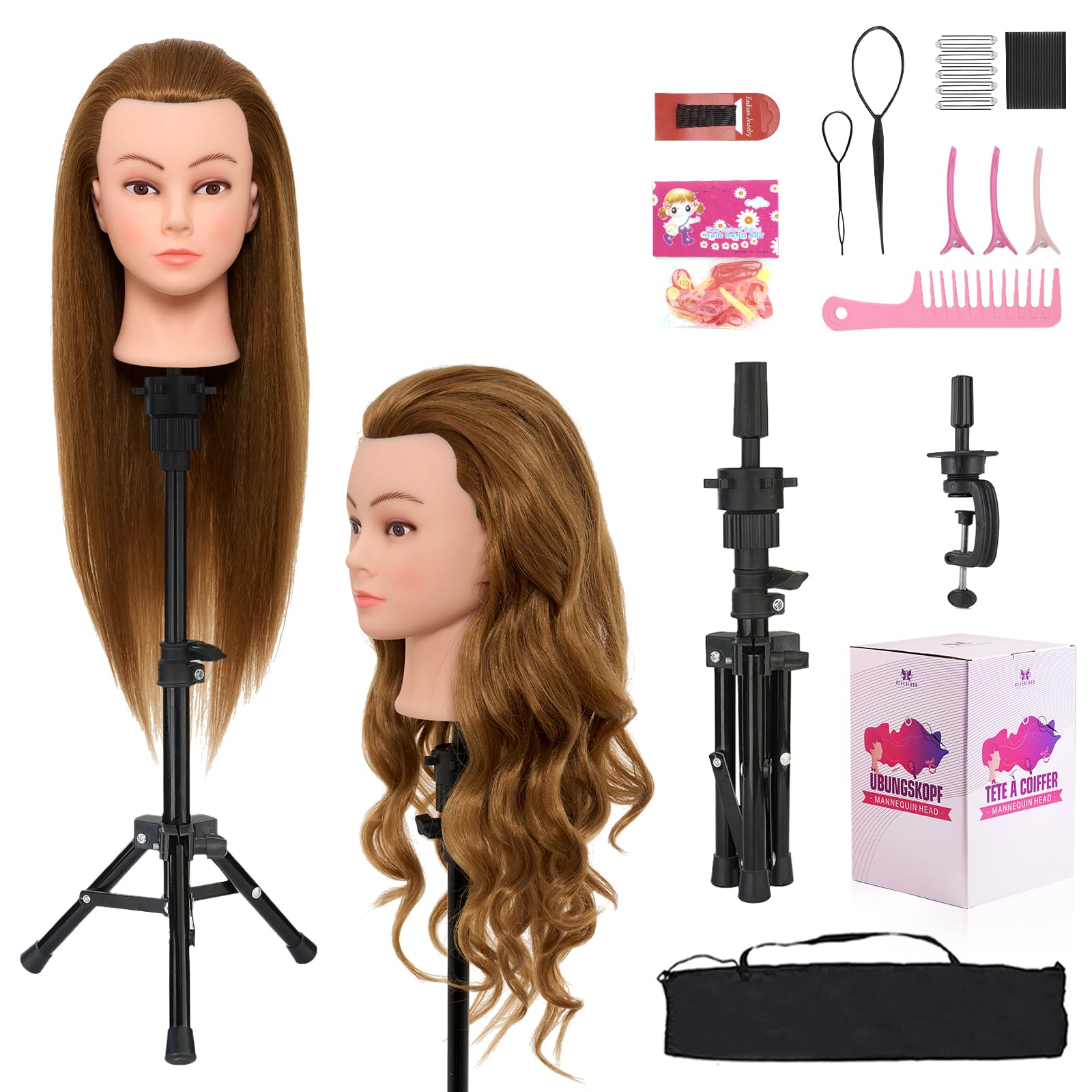 Neverland 71 cm Testa per Parrucchieri con Supporto, 60% Capelli Veri, Morsetto da Tavolo, Accessori (Oro)