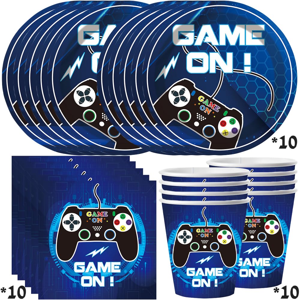 YGCHEN Jeu vidéo - Vaisselle de fête pour anniversaire d'enfant - Jeu de vaisselle - Gobelets en carton - Assiettes en carton - Serviettes de table - Décoration d'anniversaire pour 10 personnes - Bleu