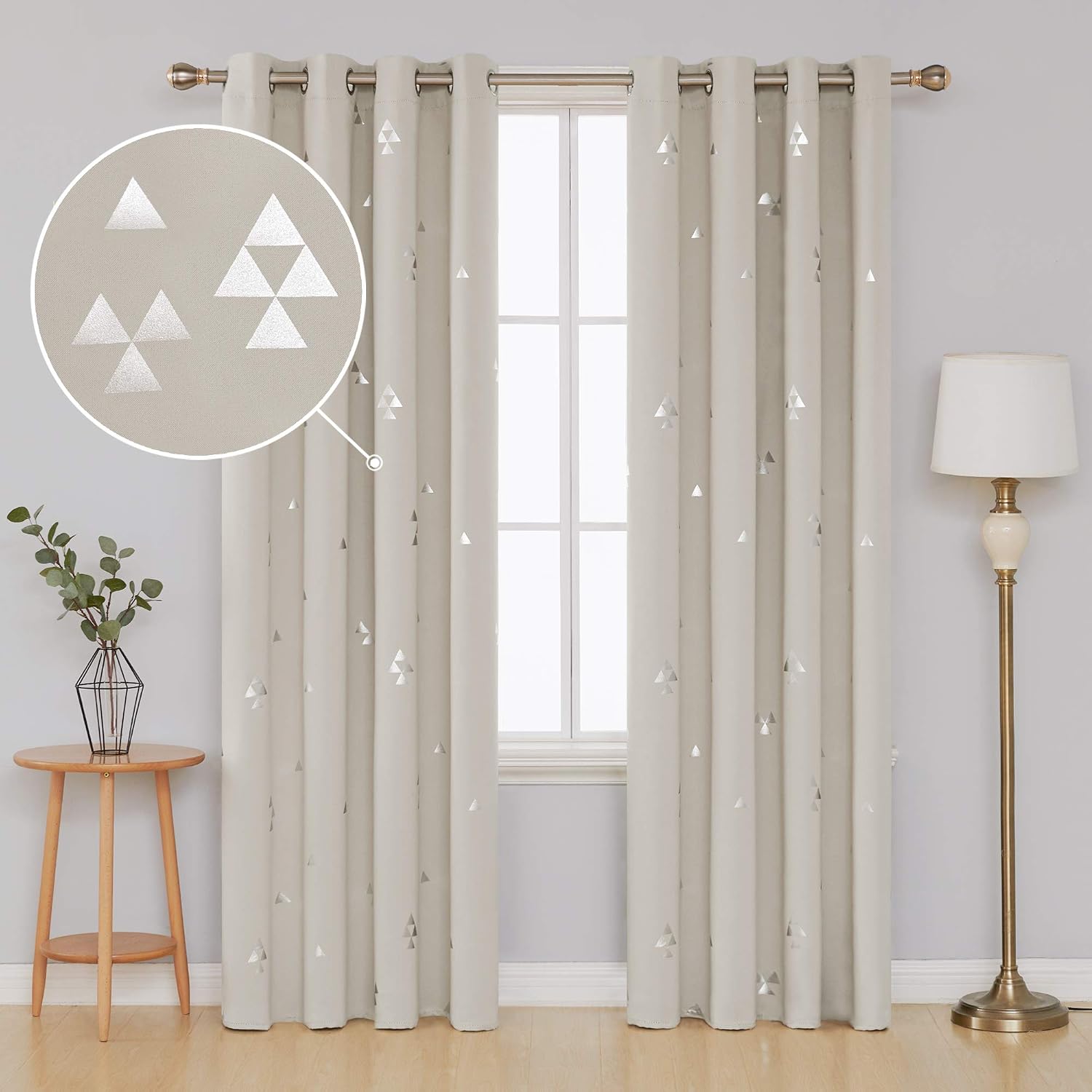 Deconovo Black Blackout Curtains Triangle Printed Grommet Sun Blocking Curtains for Windows 52 x 72 Inch Cream 2 Panels