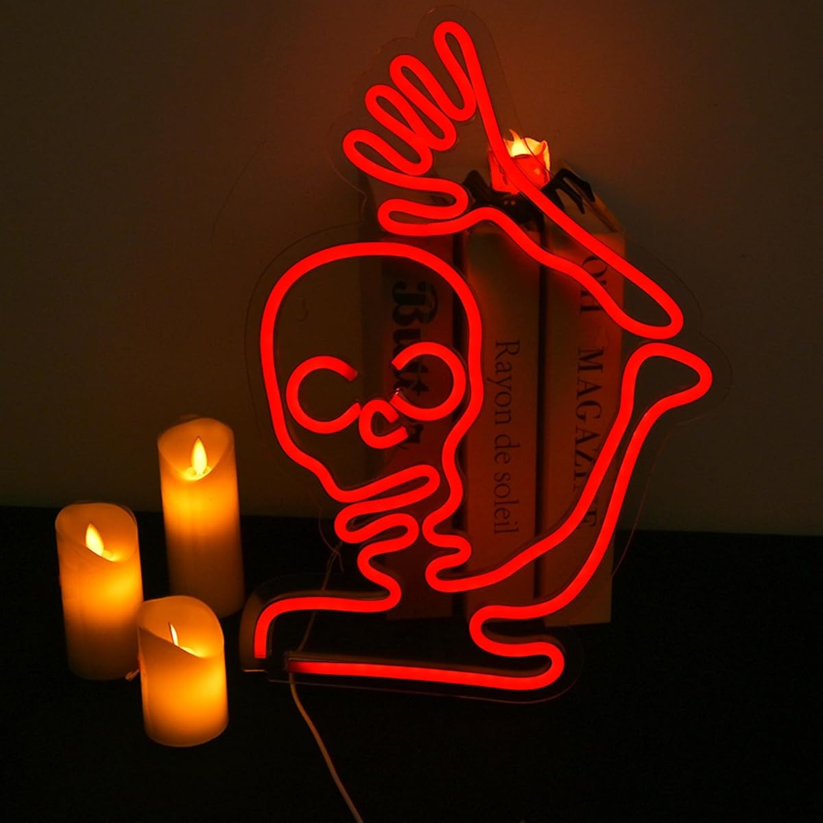 Faxfsign Skeleton Skull Neon Sign Red Halloween Waving Ghost Led Light Up Signs