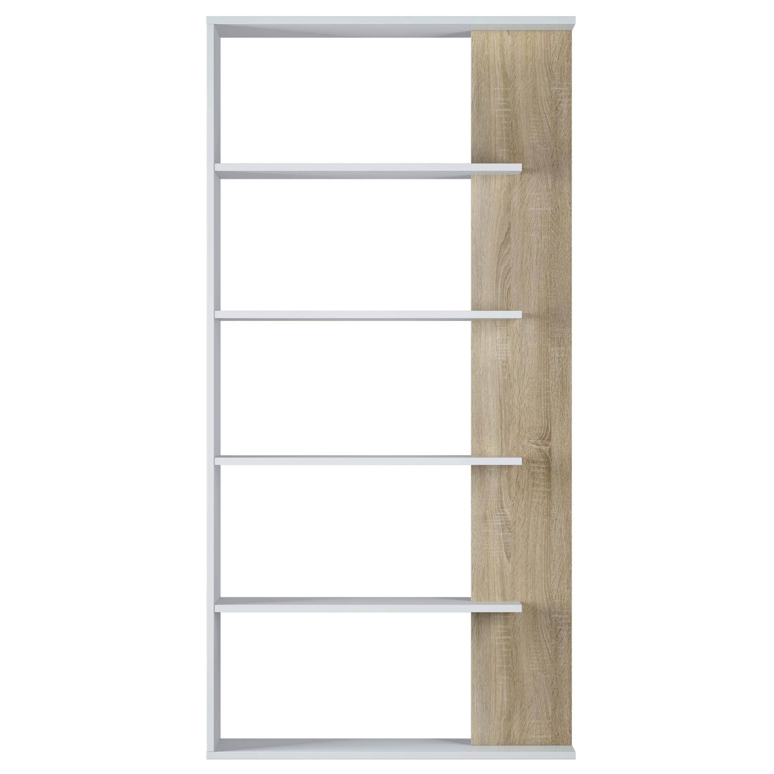 Habitdesign Estantería 5 baldas, Librería Comedor, Salon, Modelo Alida, Acabado en Color Blanco Artik y Roble Canadian, Medidas: 180 cm (Alto) x 90 cm (Ancho) x 25 cm (Fondo)