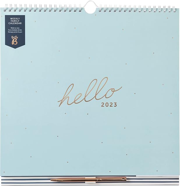 Busy B Weekly Family Calendar January to December 2023 - Blue - Week to View Calendar with 6 Columns for Family Members & Birthdays, Meal Planner, Tear-Off Shopping Lists, Pocket and Pen