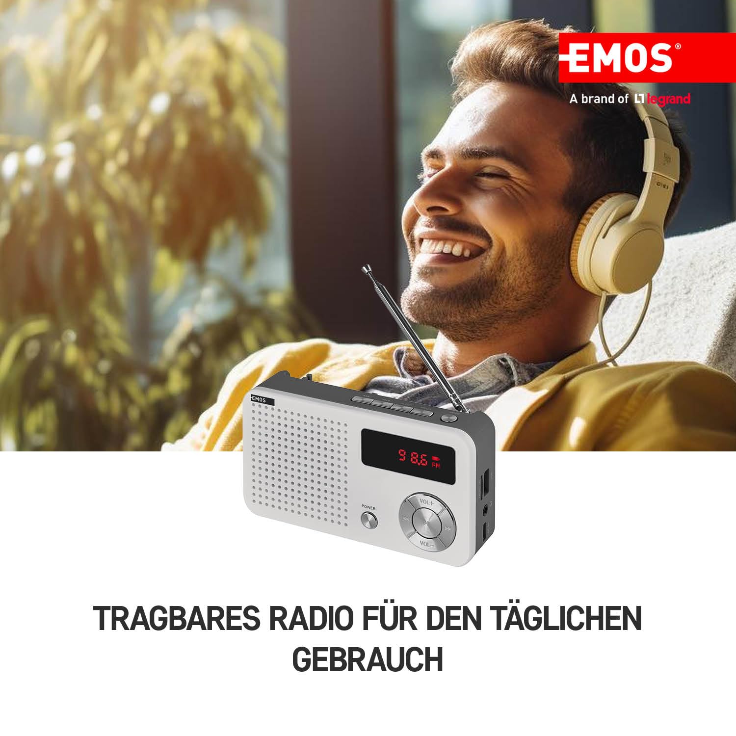 EMOS - tragbares digitales FM-Radio und MP3-Player mit Akku + USB-C Kabel - teleskopische Antenne, FM 88–108 MHz - USB-Port, Micro-SD-Karten-Slot, Kopfhörer-Anschluss - weiß/grau, Batteriebetrieben