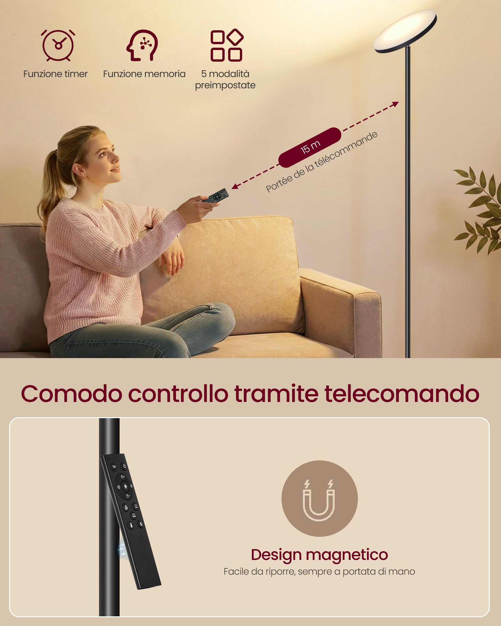 VASAGLE Lampada da Terra a LED, Piantana 30 W, Testa Orientabile, Camera da Letto Ufficio, Timer, Funzione Memoria, Comando Tramite Telecomando, Nero Opaco LFL018BD02