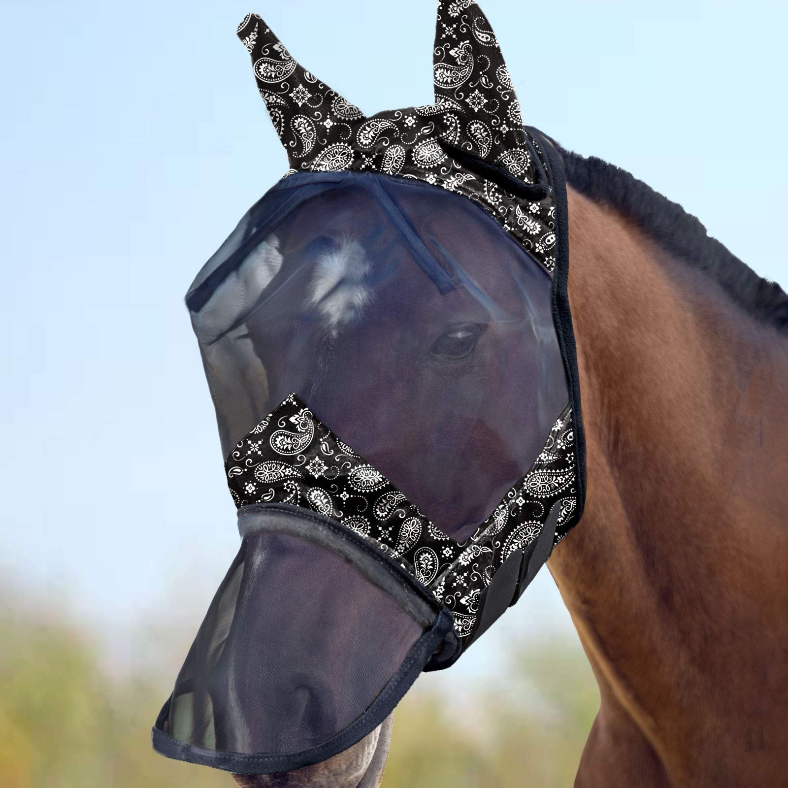 Harrison Howard CareMaster Caballo Máscara antimoscas Nariz Larga con Orejas, protección UV para Caballe-Paisley Wave (XL)