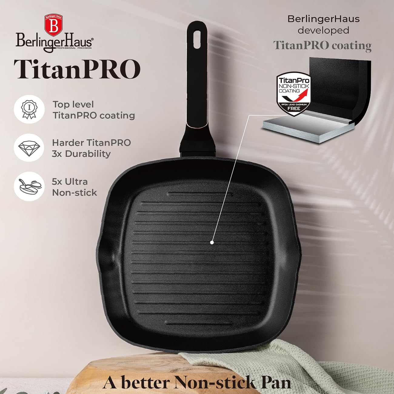 Berlinger Haus Pfannenset mit Antihaftbeschichtung (3-teilig), geschmiedetes Aluminium, TitanPro, Induktion, ergonomischer Griff, Schwarz/Rosa, Kollektion Black Rose