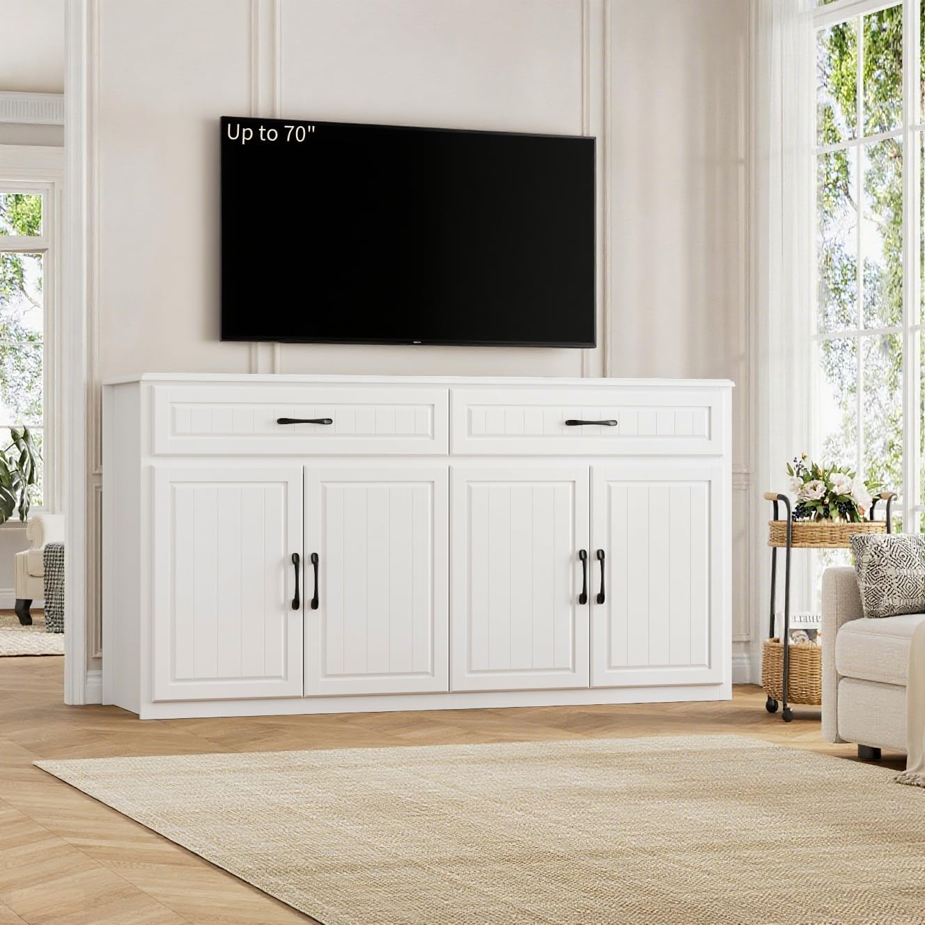 HITHOS cabinet used as a TV stand in a living room setting.