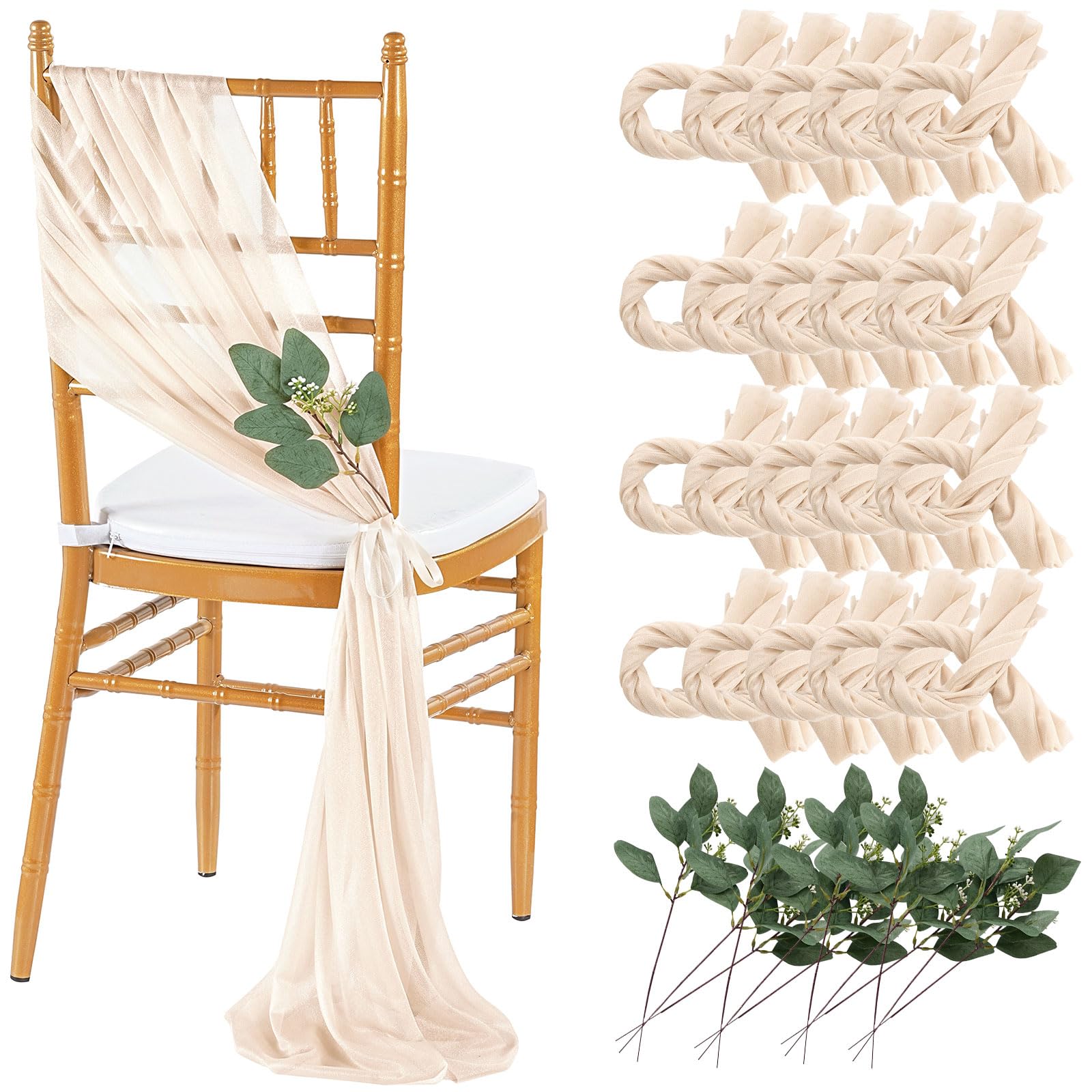QueenDream Sheer Fabric Wedding Chair Sashes: 36PCS Tulle Church Chair Cover Long Chair Bows Aisle Drapes Party Decorations Champagne