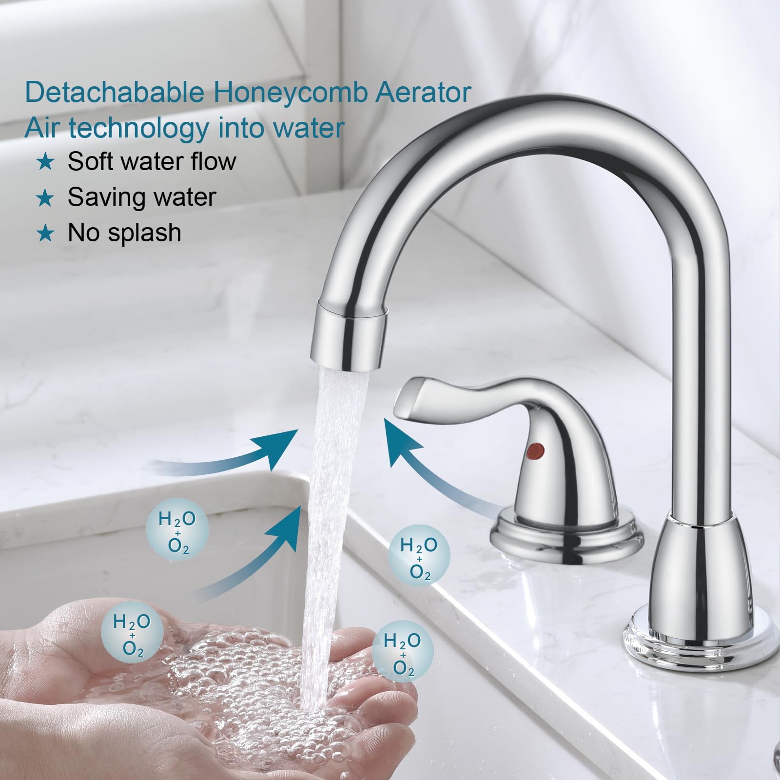 RKF RKF03011 - Grifos de baño para fregadero de 3 agujeros cromados pulidos de 8 pulgadas con desagüe de doble palanca, grifo mezclador de lavabo con manguera y cubierta