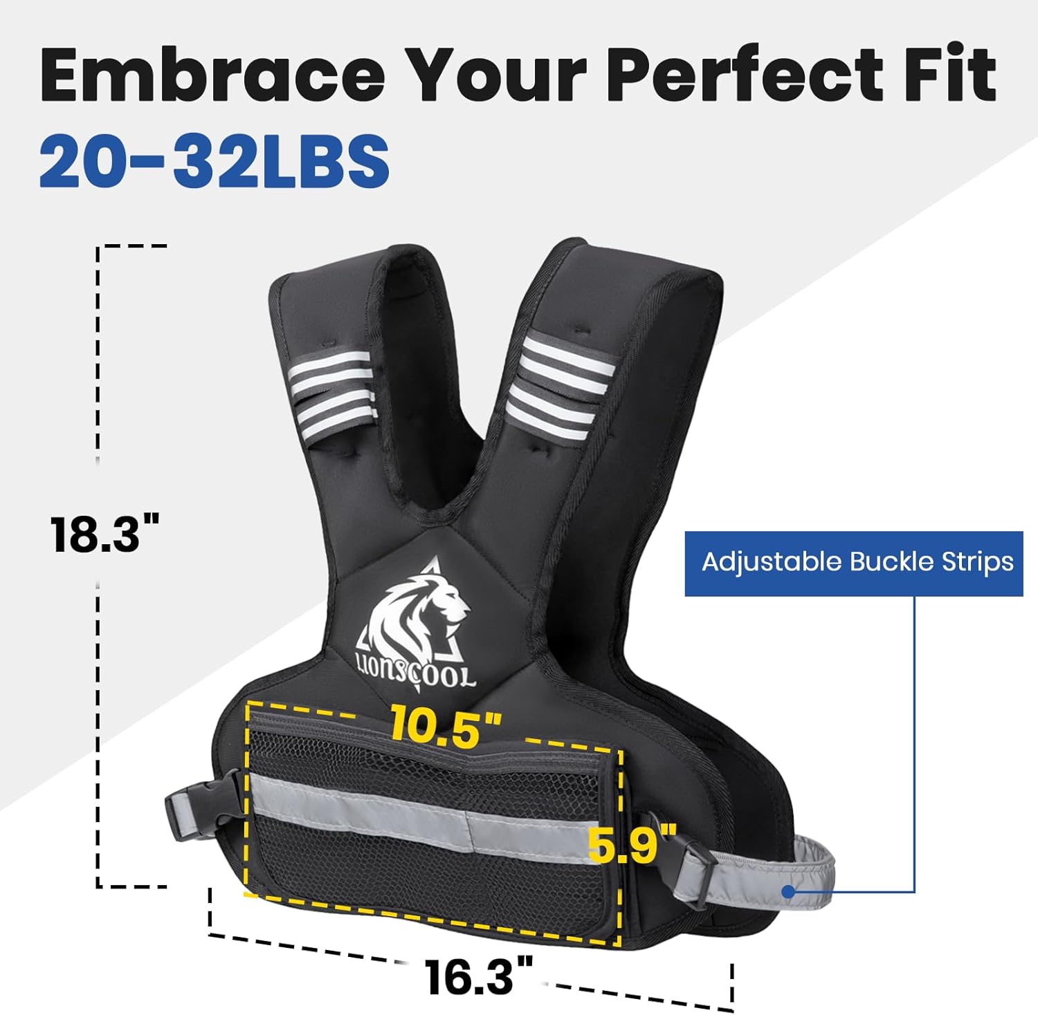 LIONSCOOL Weighted Vest for Men and Women, 4-10LB/11-20LB/20-32LB Adjustable Body Weight Vest with 6 Ironsand Weights & Reflective Stripes for Weight loss, Walking, Running, Cardio and Strength Training