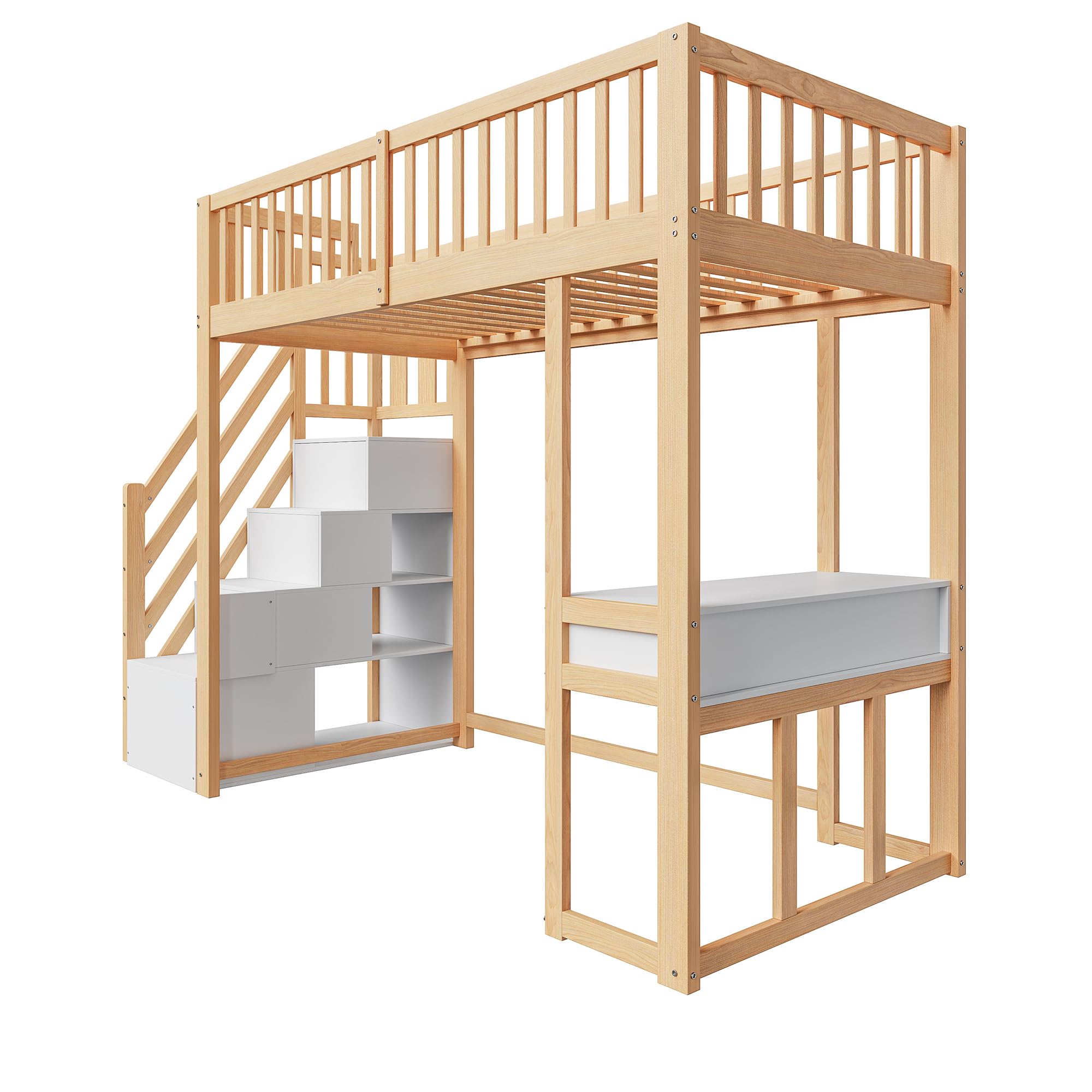 Merax Hochbett 90x200 cm mit Schreibtisch, Multifunktionales Hochbett für 1 Person mit Treppenregal, Weiß und Holz (ohne Matratze)
