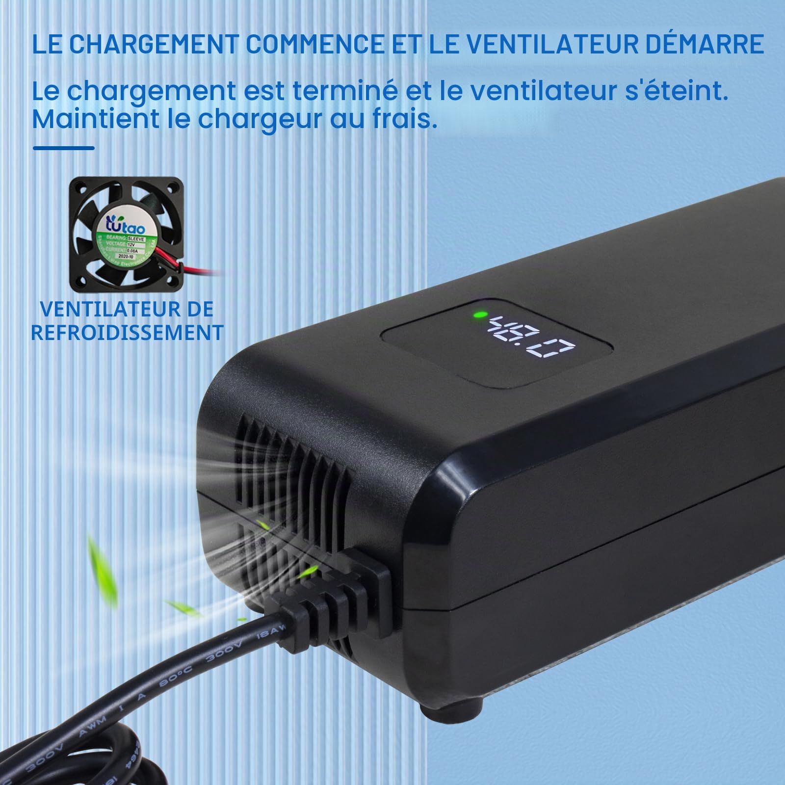Chargeur de batterie au plomb acide pour scooter électrique 48 V 20 Ah avec écran et prise 3 broches